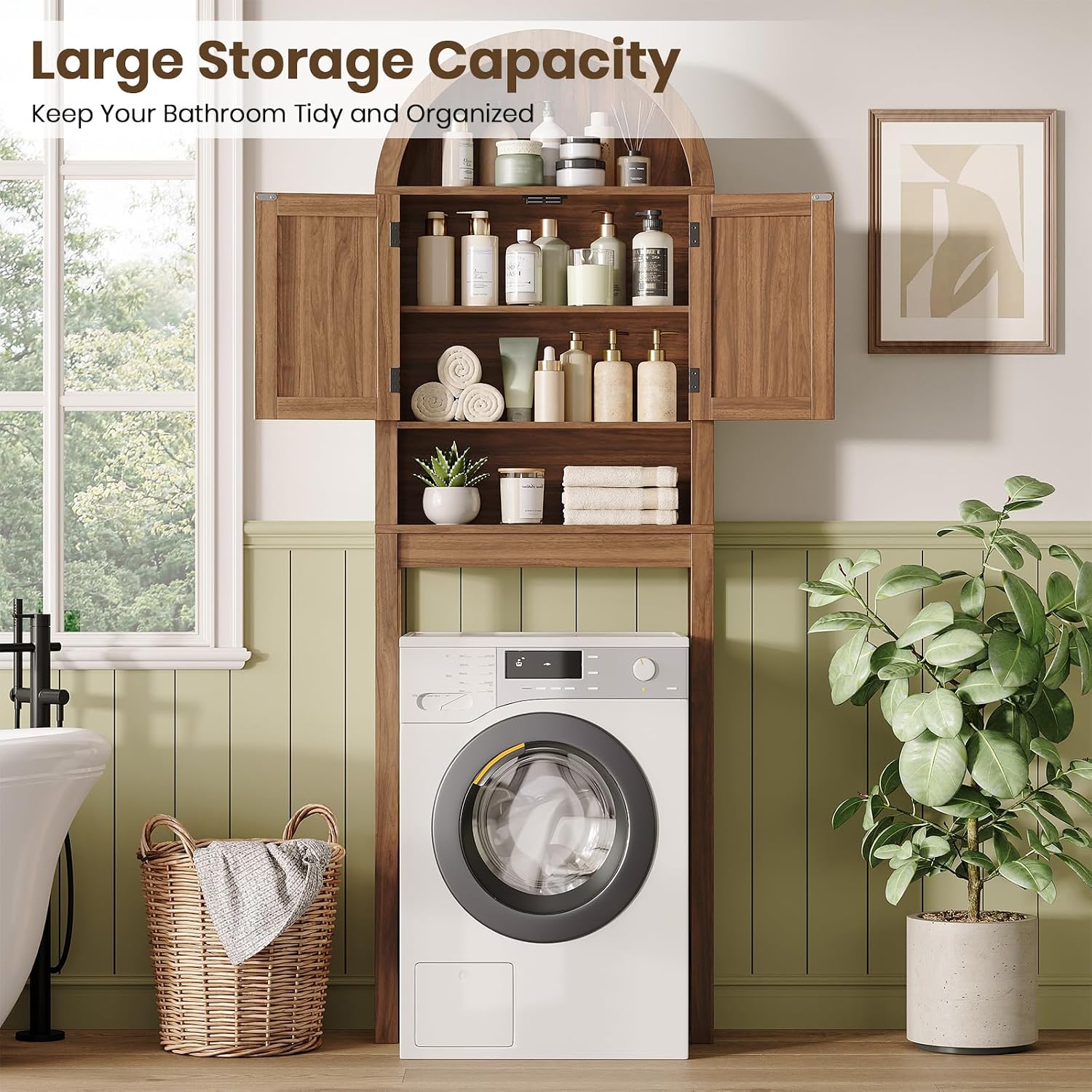 Halitaa Arched Over The Toilet Storage Cabinet with Barn Doors | Wooden Small Organizer, Farmhouse Style Bathroom Cabinet with Adjustable Shelf, Freestanding Bathroom Storage Cabinet