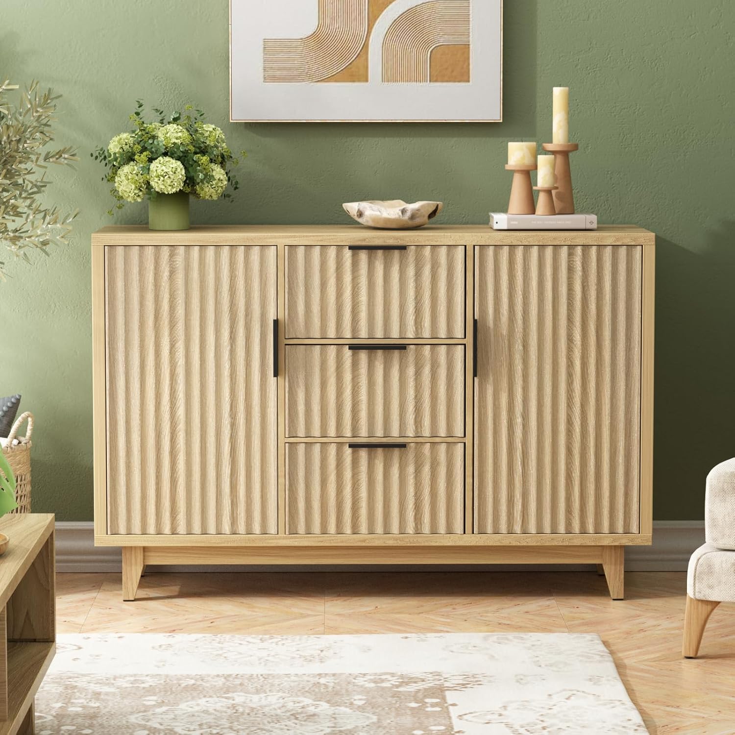 VEANERWOOD Fluted Cabinet with Storage, 2 Doors Sideboard Buffet Cabinet Modern Accent Cabinet
