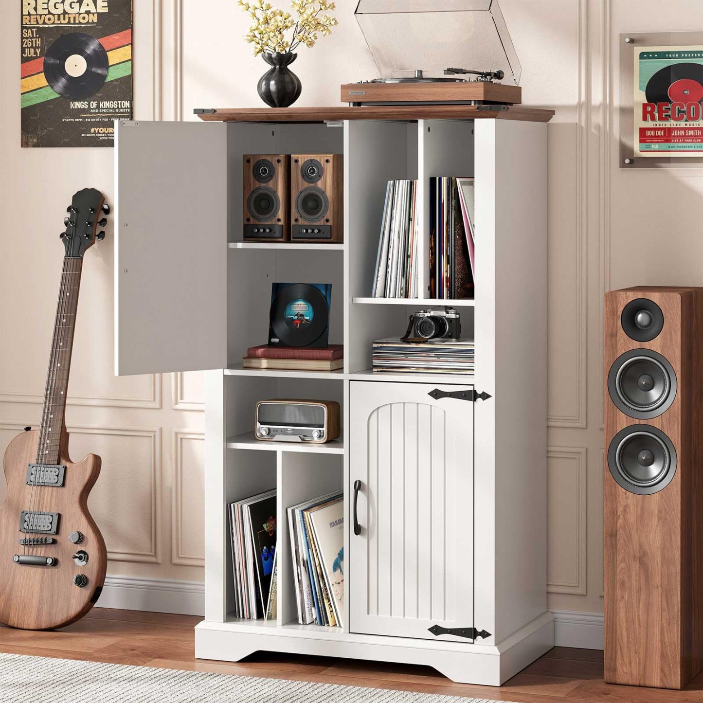 Halitaa Large Record Player Stand with Vinyl Storage Cabinet & Shelf | Mid Century Modern Turntable Stand with Adjustable Shelves, Solid Wood Media Cabinet for Living Room, Bedroom, Music Corner