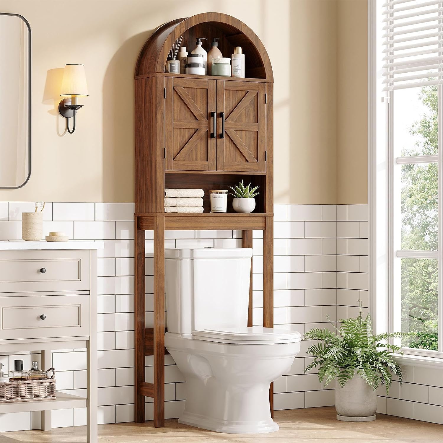 Halitaa Arched Over The Toilet Storage Cabinet with Barn Doors | Wooden Small Organizer, Farmhouse Style Bathroom Cabinet with Adjustable Shelf, Freestanding Bathroom Storage Cabinet