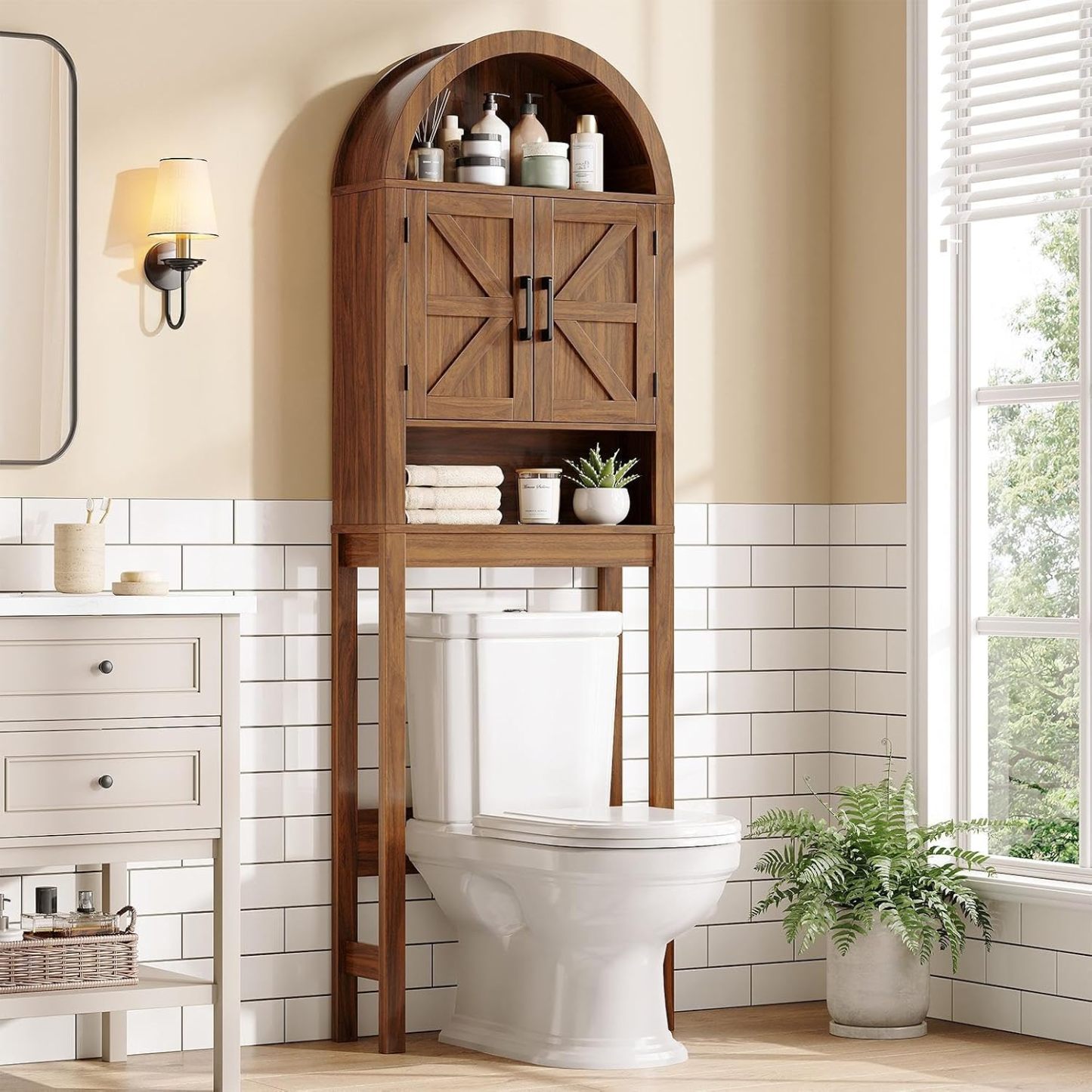 Halitaa Arched Over The Toilet Storage Cabinet with Barn Doors | Wooden Small Organizer, Farmhouse Style Bathroom Cabinet with Adjustable Shelf, Freestanding Bathroom Storage Cabinet