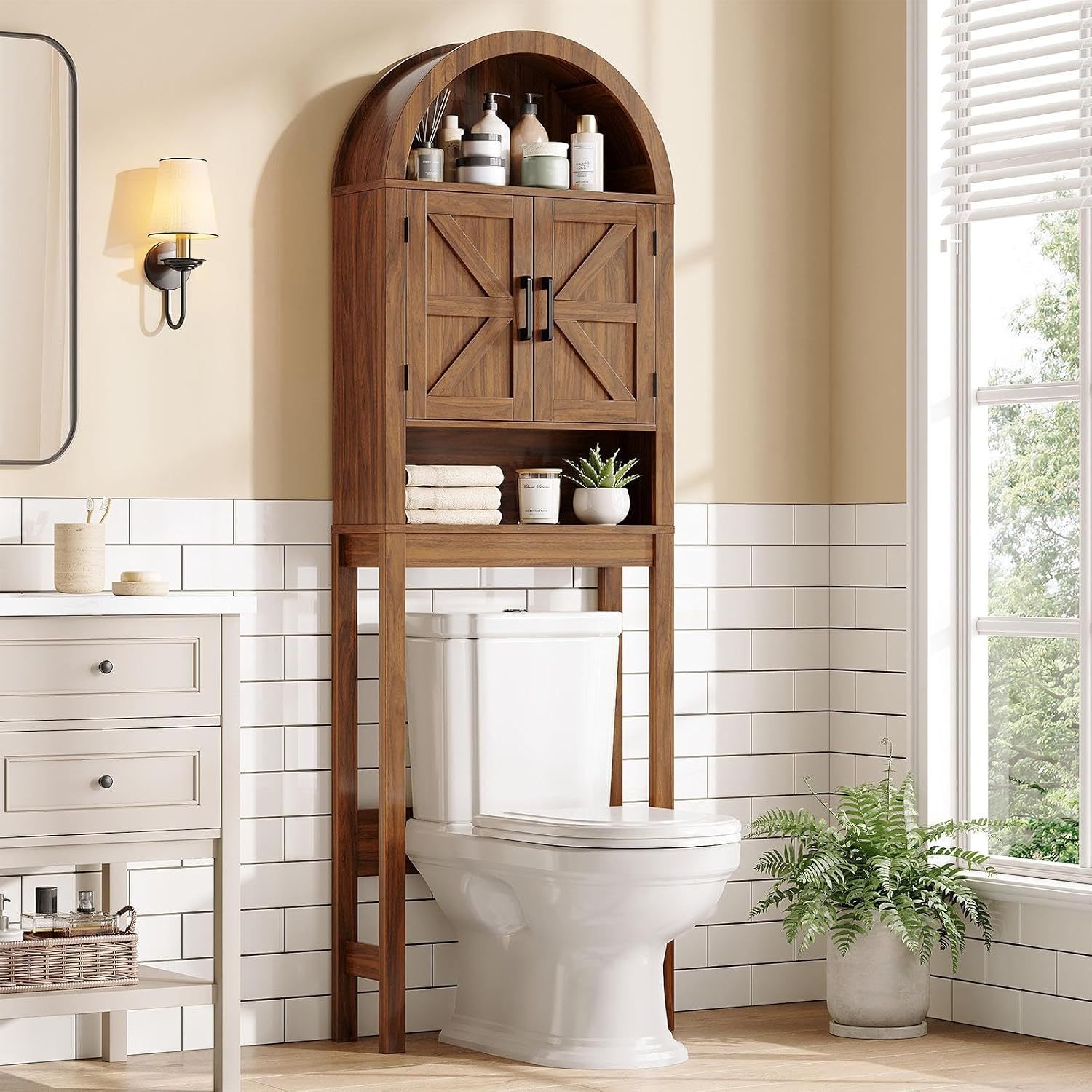 Halitaa Arched Over The Toilet Storage Cabinet with Barn Doors | Wooden Small Organizer, Farmhouse Style Bathroom Cabinet with Adjustable Shelf, Freestanding Bathroom Storage Cabinet