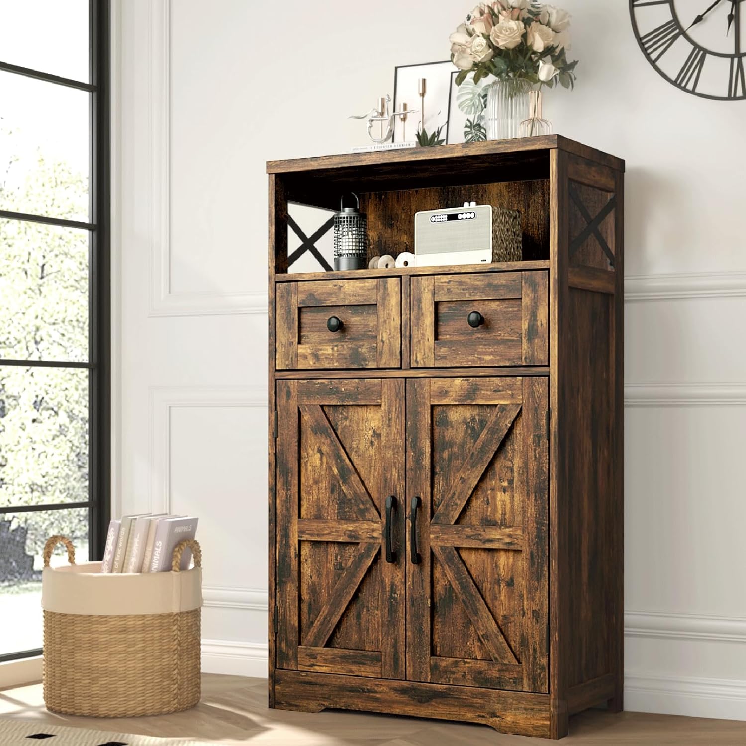 VEANERWOOD Farmhouse Storage Cabinet with Drawers and Shelves, Freestanding Kitchen Pantry Storage Cabinet, Floor Storage Cabinet Hutch Cupboard for Dining/Living Room/Home Office
