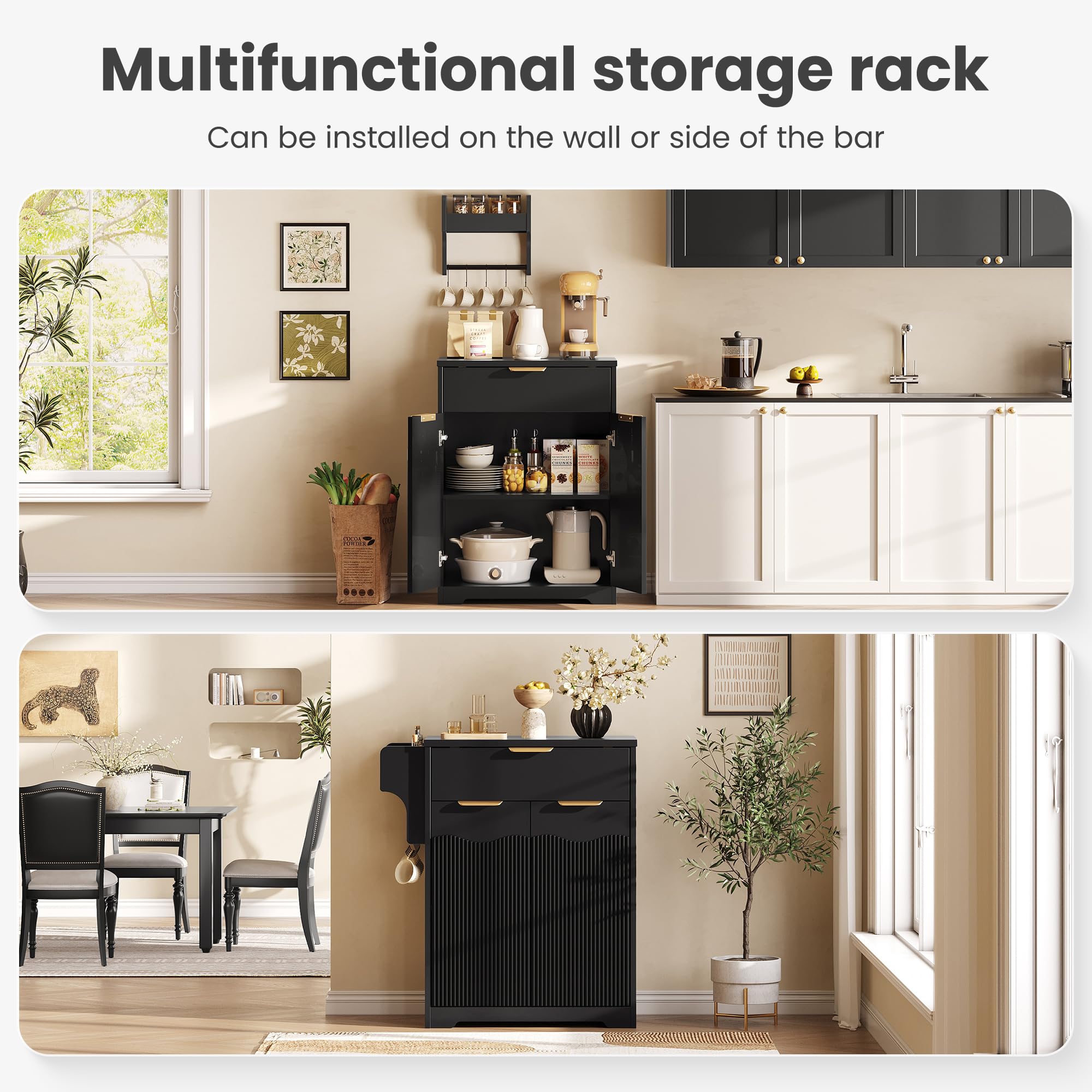 Halitaa Fluted Coffee Bar Cabinet, Sideboard Buffet Cabinet with Storage | Kitchen Island with Dual-Purpose Floating Shelf, Hooks, and Adjustable Shelf for Kitchen, Living Room, Dining Room, Entryway
