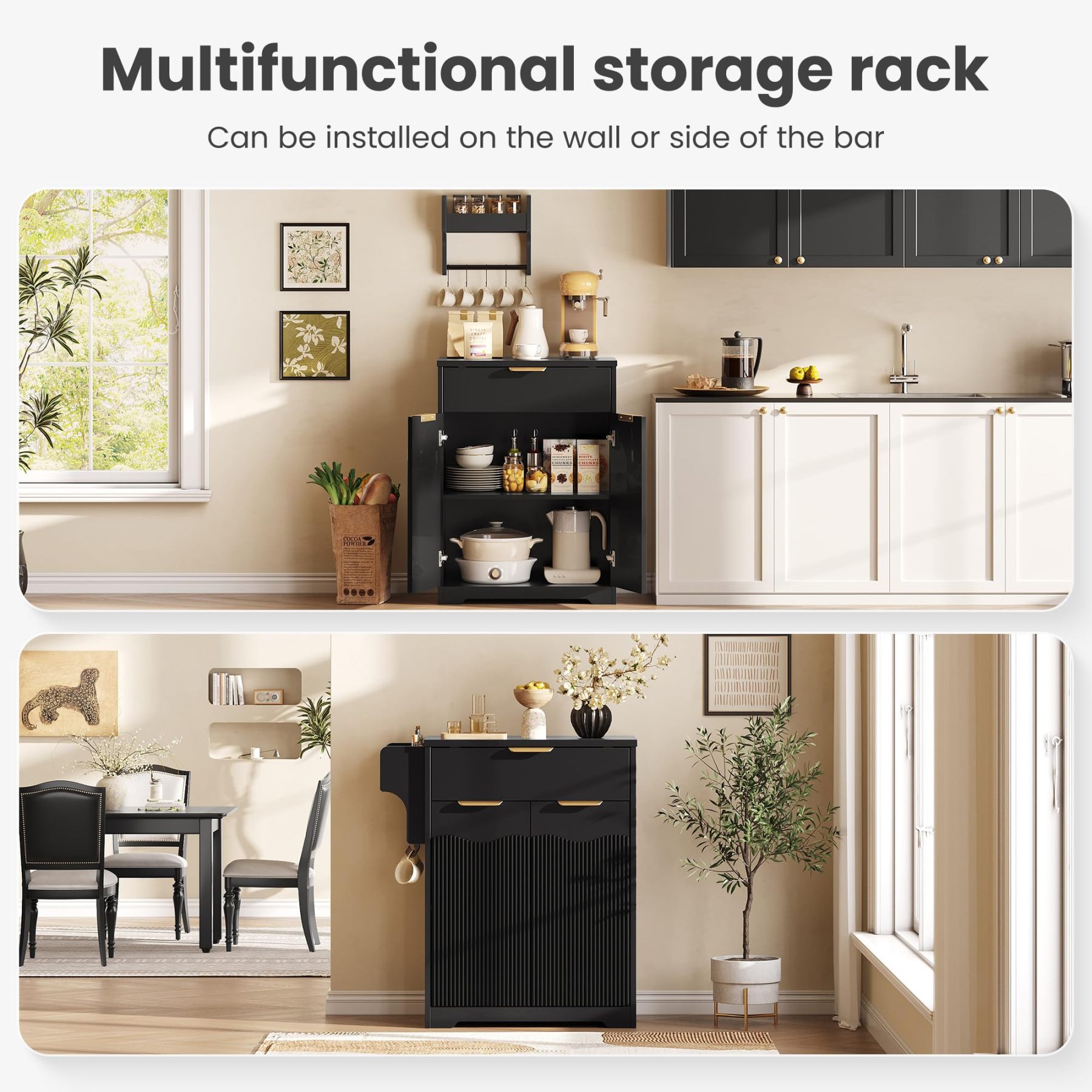 Halitaa Fluted Coffee Bar Cabinet, Sideboard Buffet Cabinet with Storage | Kitchen Island with Dual-Purpose Floating Shelf, Hooks, and Adjustable Shelf for Kitchen, Living Room, Dining Room, Entryway