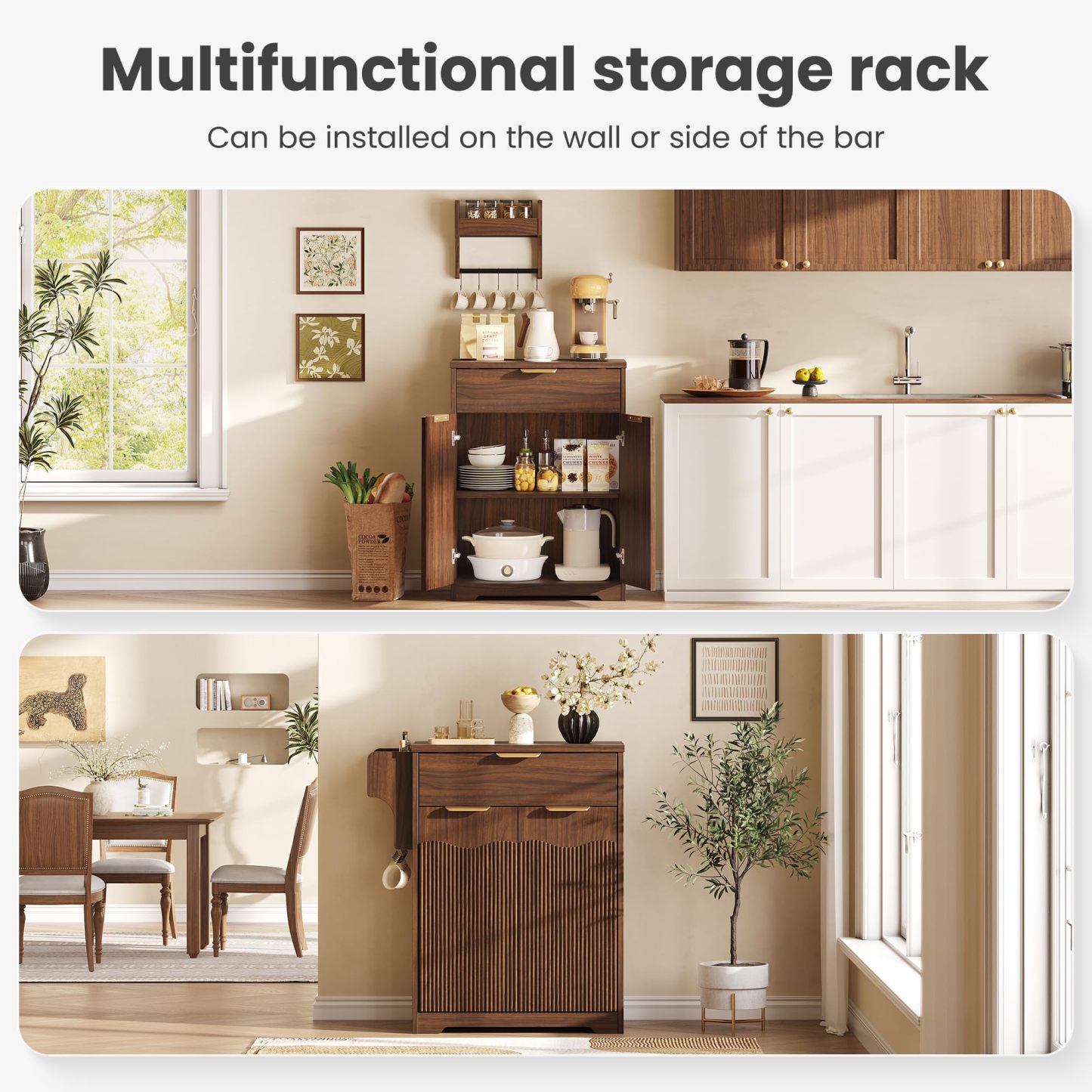 Halitaa Fluted Coffee Bar Cabinet, Sideboard Buffet Cabinet with Storage | Kitchen Island with Dual-Purpose Floating Shelf, Hooks, and Adjustable Shelf for Kitchen, Living Room, Dining Room, Entryway