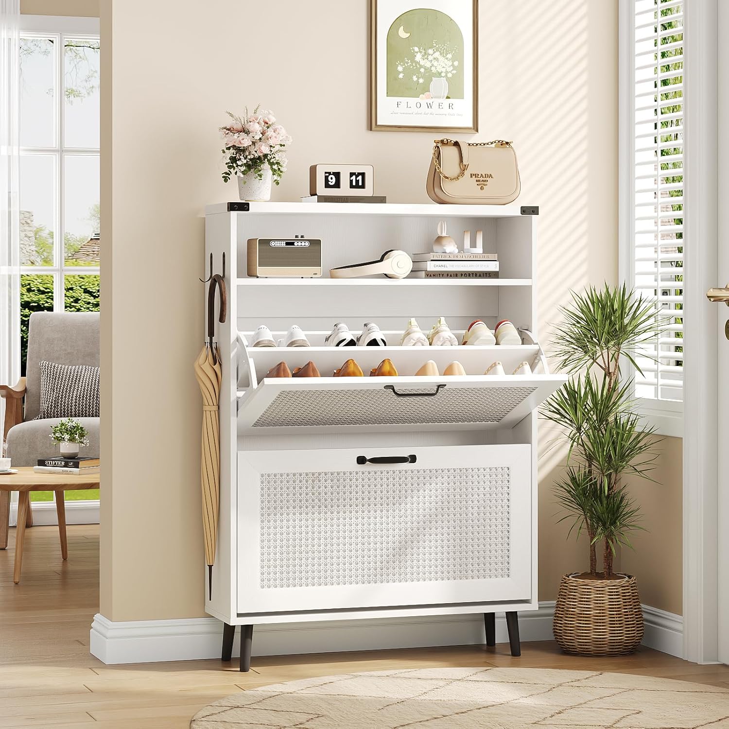 VEANERWOOD Rattan Shoe Cabinet with 2 Flip Drawers 12 Pairs, Narrow Shoe Storage Cabinet with Adjustable Shelves, Metal Legs