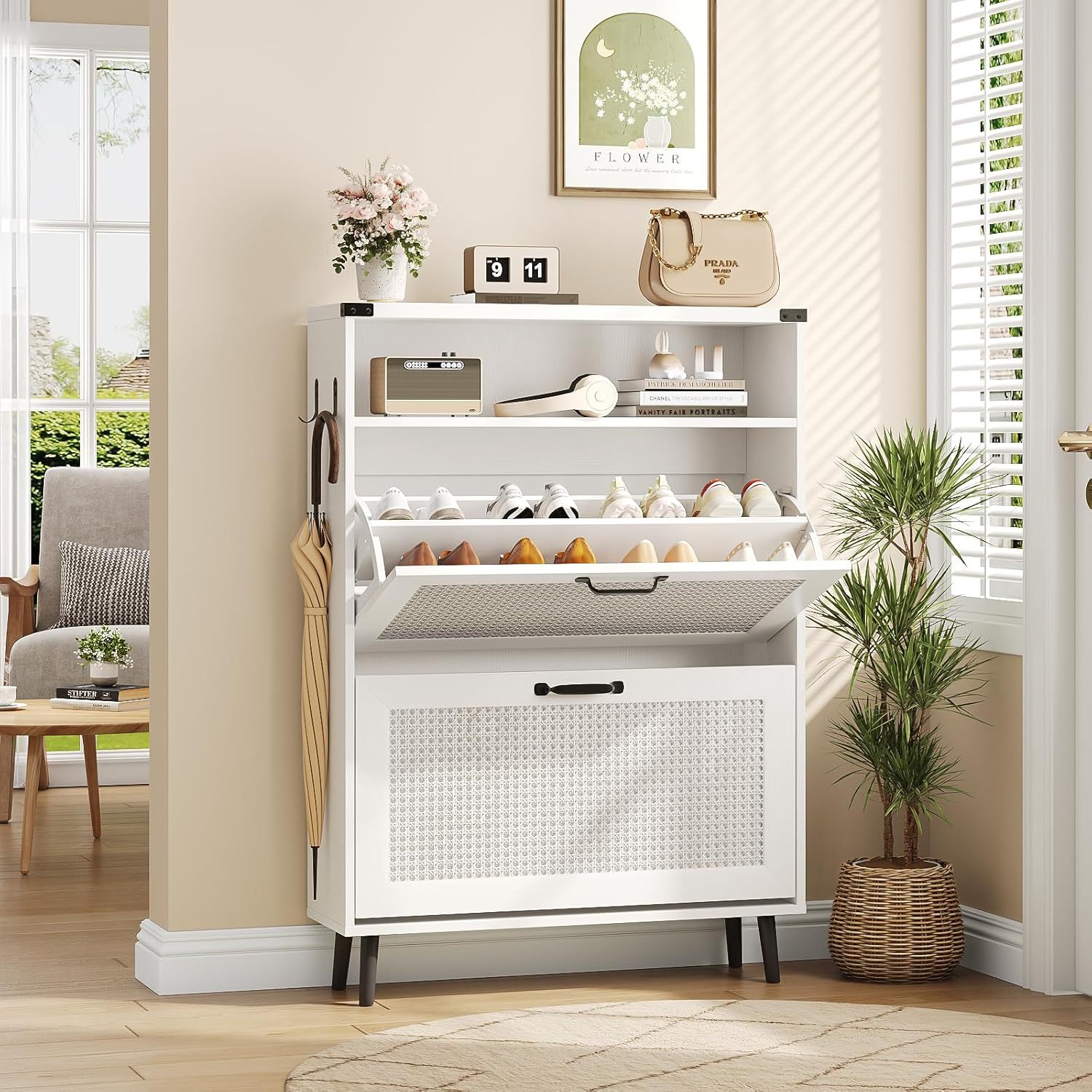 VEANERWOOD Rattan Shoe Cabinet with 2 Flip Drawers 12 Pairs, Narrow Shoe Storage Cabinet with Adjustable Shelves, Metal Legs