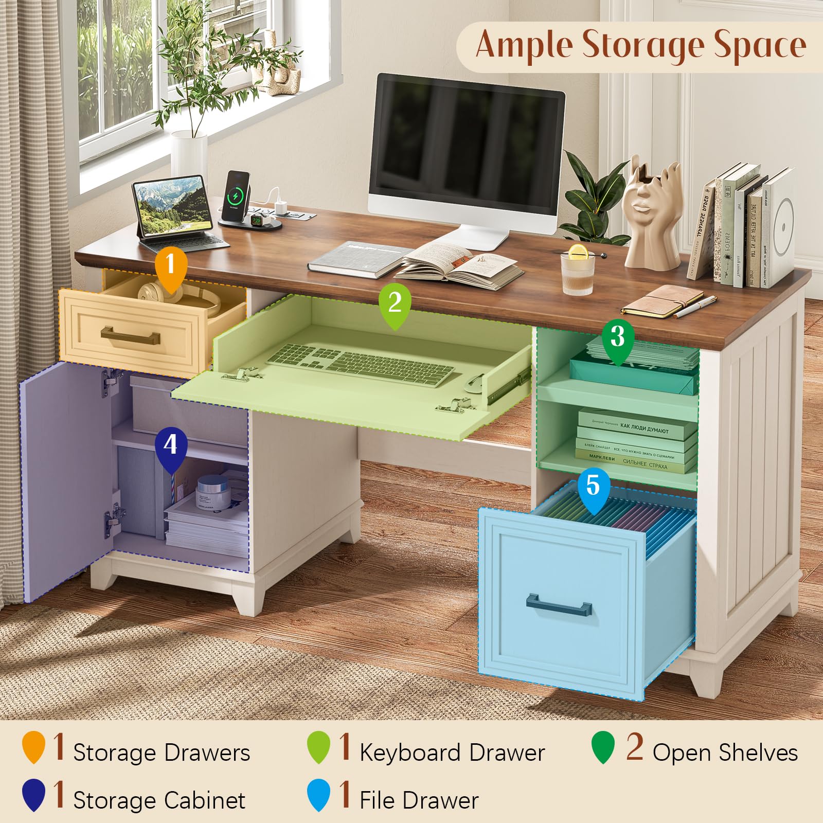 Halitaa 55" Farmhouse Desk with Drawers for Home Office, Rustic White|Wooden Executive Desk with Charging Station, Computer Desk with File Drawer and Storage Cabinet for Work, Study and Writing