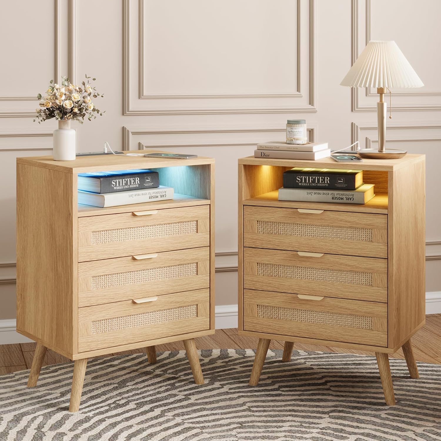 Rattan Nightstand with Charging Station USB Port Led Lights and 3 Stor
