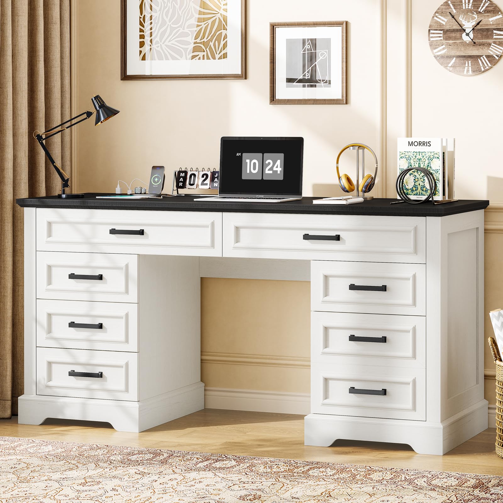 Halitaa 58" Farmhouse Desk with Drawers for Home Office | Wooden Executive Desk with Charging Station, Computer Desk with File Drawer and Storage Cabinet for Work, Study and Writing
