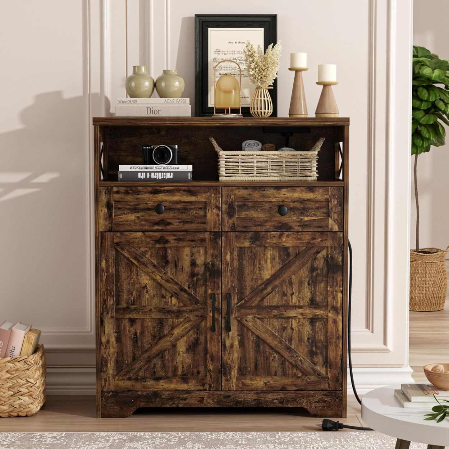 Farmhouse Storage Cabinet with Charge Station & Open Shelf,Coffee Bar Station Table with Adjustable Shelves and Barn Doors for Kitchen Dining Room,Rustic Grey