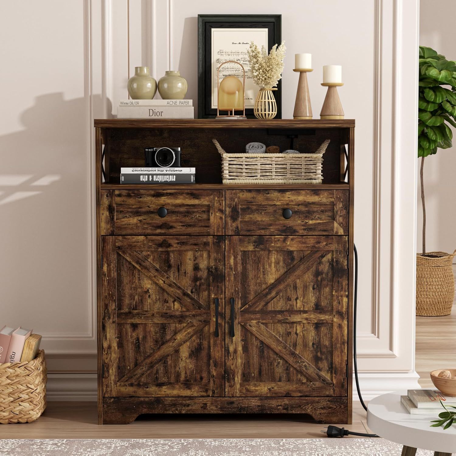 Farmhouse Storage Cabinet with Charge Station & Open Shelf,Coffee Bar Station Table with Adjustable Shelves and Barn Doors for Kitchen Dining Room,Rustic Grey