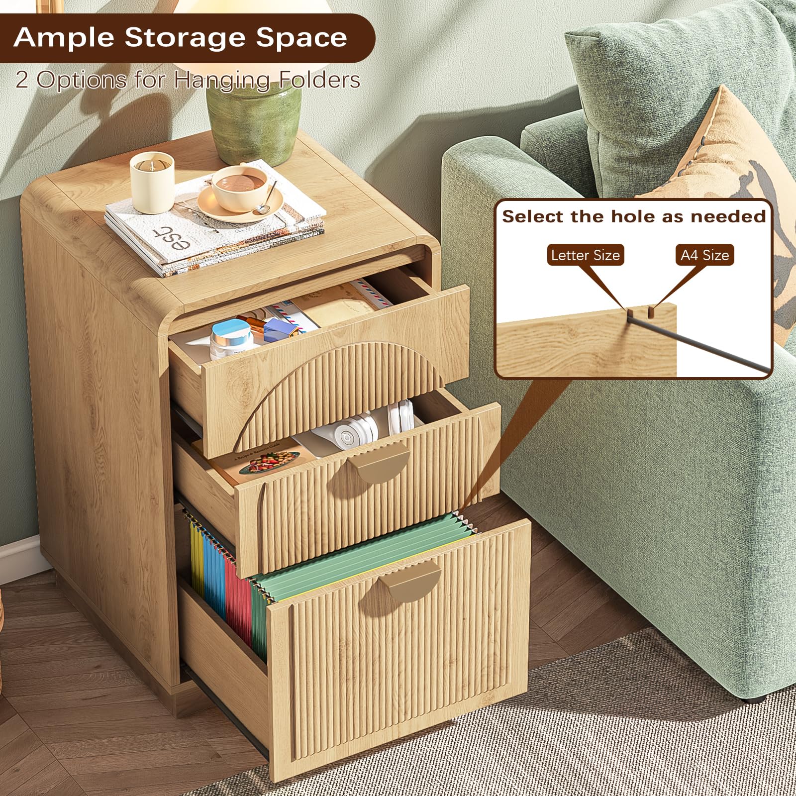 Halitaa Fluted 3 Drawers Vertical File Cabinet , Small Filing Cabinet Fits Letter/A4 Size, Modern Storage Cabinet with Curved Corners & Metal Handle, Wooden Printer Stand for Home Office, Natural