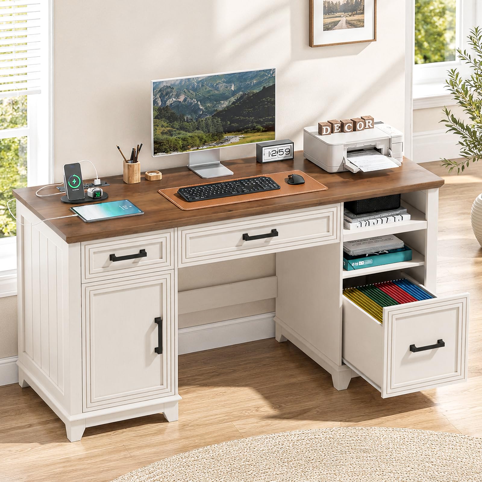 Halitaa 55" Farmhouse Desk with Drawers for Home Office, Rustic White|Wooden Executive Desk with Charging Station, Computer Desk with File Drawer and Storage Cabinet for Work, Study and Writing