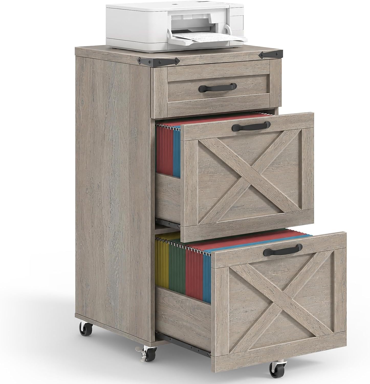 Halitaa 3 Drawers Farmhouse File Cabinet with Wheels for Home Office, Grey | Vertical Filing Cabinet Fits Letter/A4 Size, Rolling File Cabinet Wooden Printer Stand for Home Office