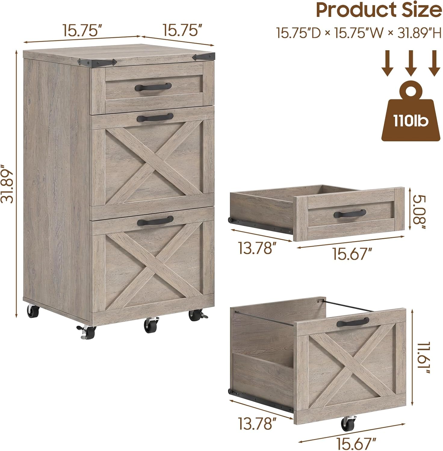 Halitaa 3 Drawers Farmhouse File Cabinet with Wheels for Home Office, Grey | Vertical Filing Cabinet Fits Letter/A4 Size, Rolling File Cabinet Wooden Printer Stand for Home Office