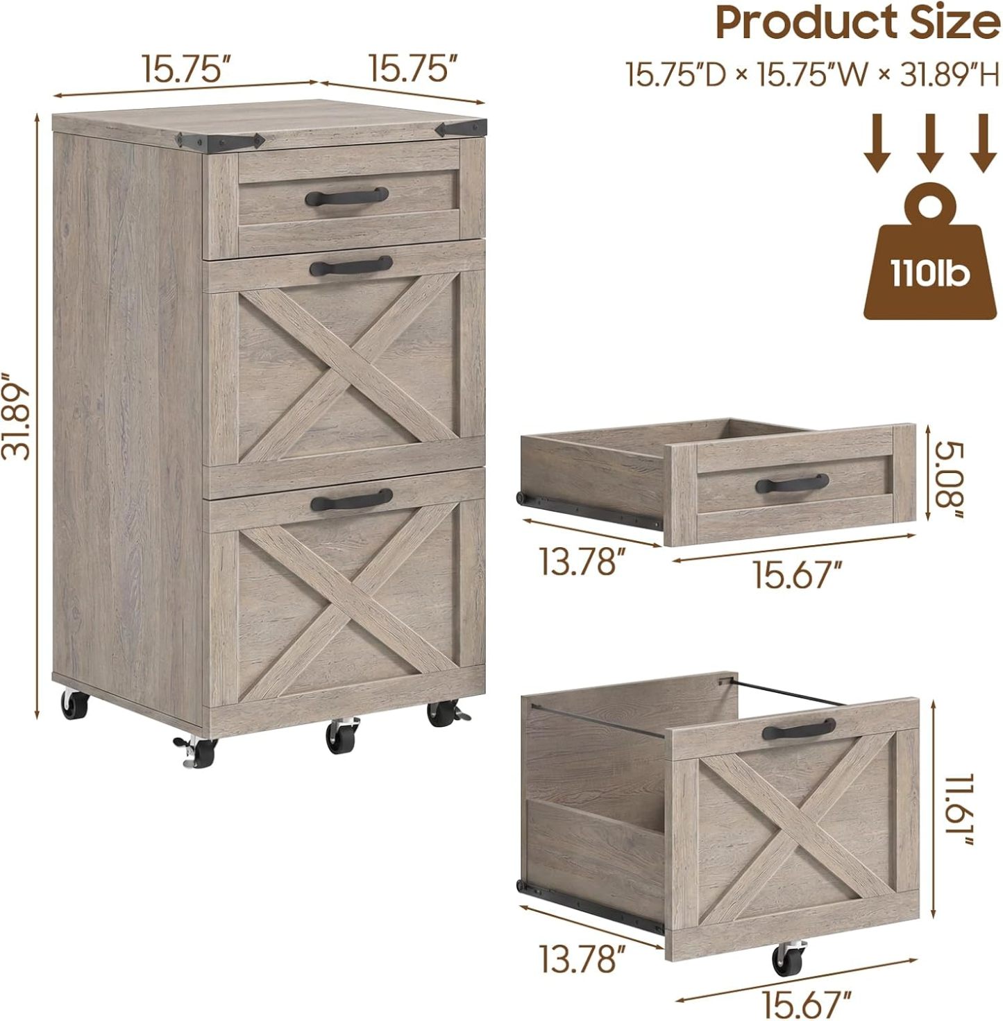 Halitaa 3 Drawers Farmhouse File Cabinet with Wheels for Home Office, Grey | Vertical Filing Cabinet Fits Letter/A4 Size, Rolling File Cabinet Wooden Printer Stand for Home Office