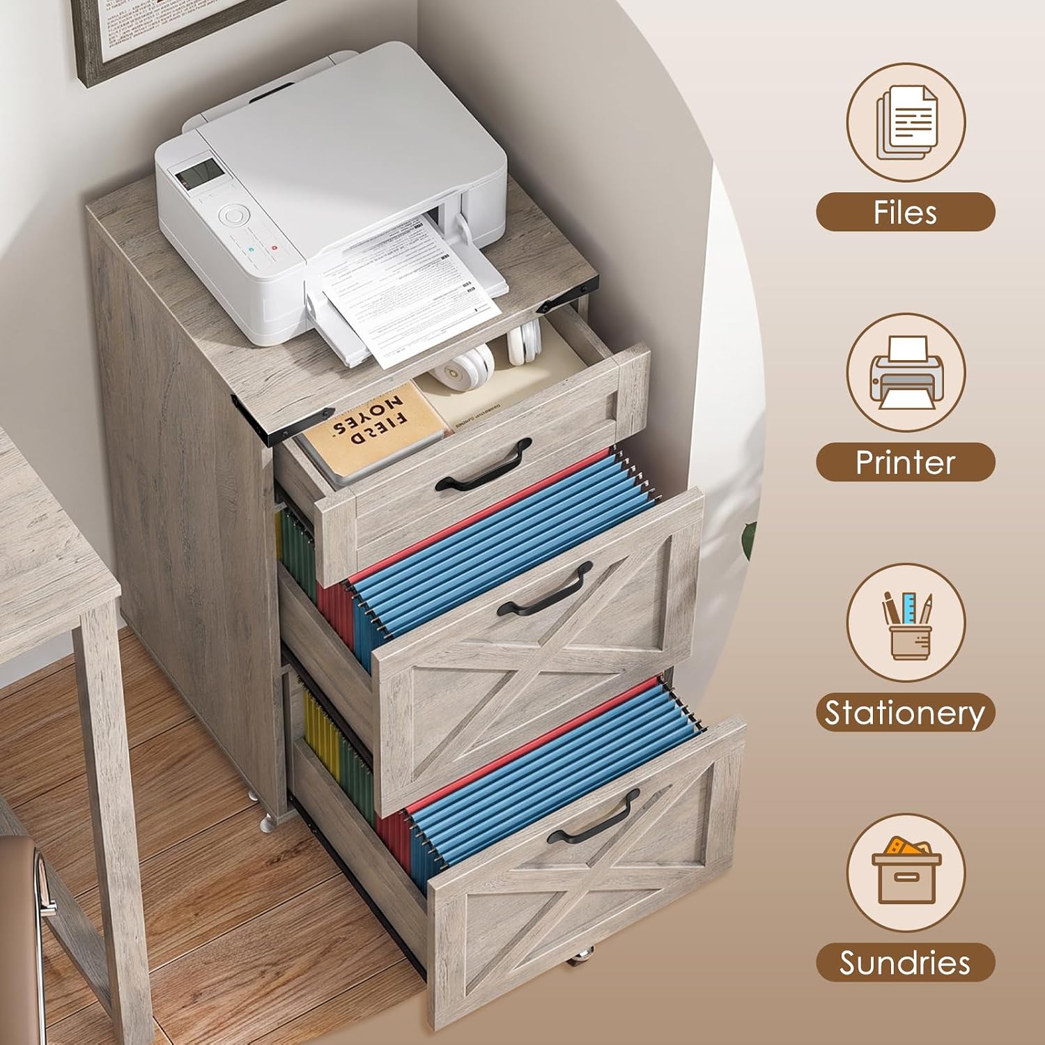 Halitaa 3 Drawers Farmhouse File Cabinet with Wheels for Home Office, Grey | Vertical Filing Cabinet Fits Letter/A4 Size, Rolling File Cabinet Wooden Printer Stand for Home Office