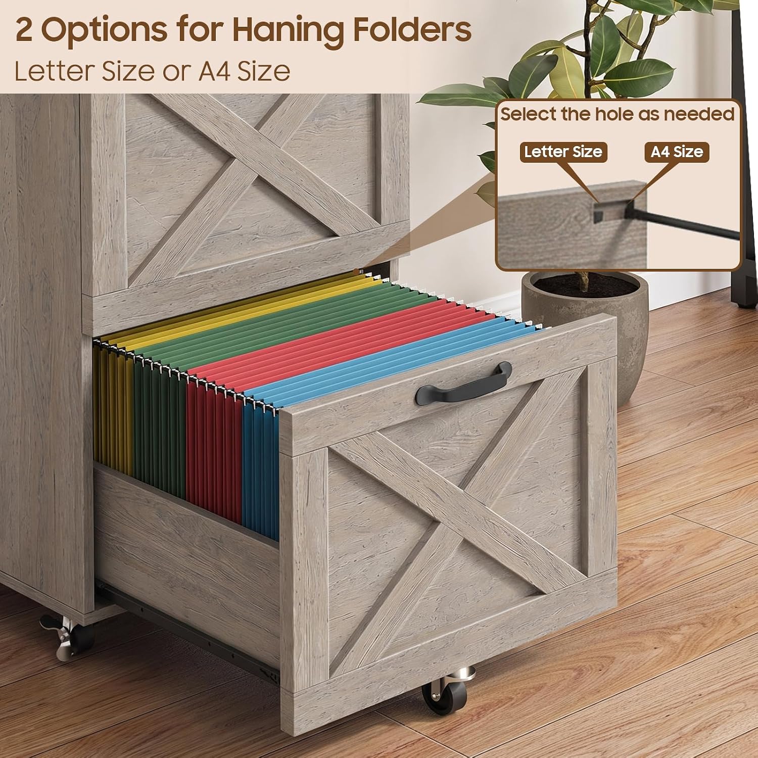 Halitaa 3 Drawers Farmhouse File Cabinet with Wheels for Home Office, Grey | Vertical Filing Cabinet Fits Letter/A4 Size, Rolling File Cabinet Wooden Printer Stand for Home Office
