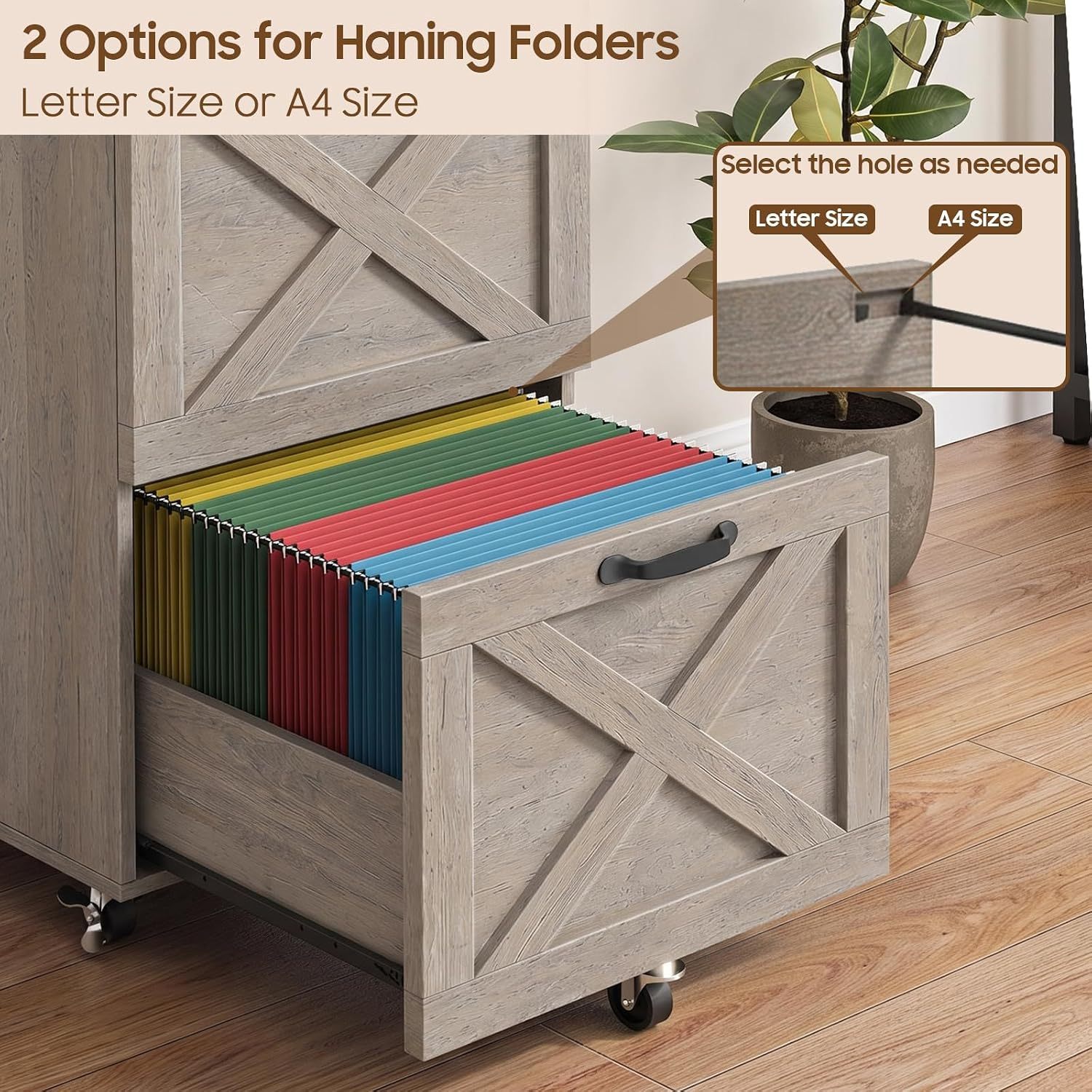 Halitaa 3 Drawers Farmhouse File Cabinet with Wheels for Home Office, Grey | Vertical Filing Cabinet Fits Letter/A4 Size, Rolling File Cabinet Wooden Printer Stand for Home Office