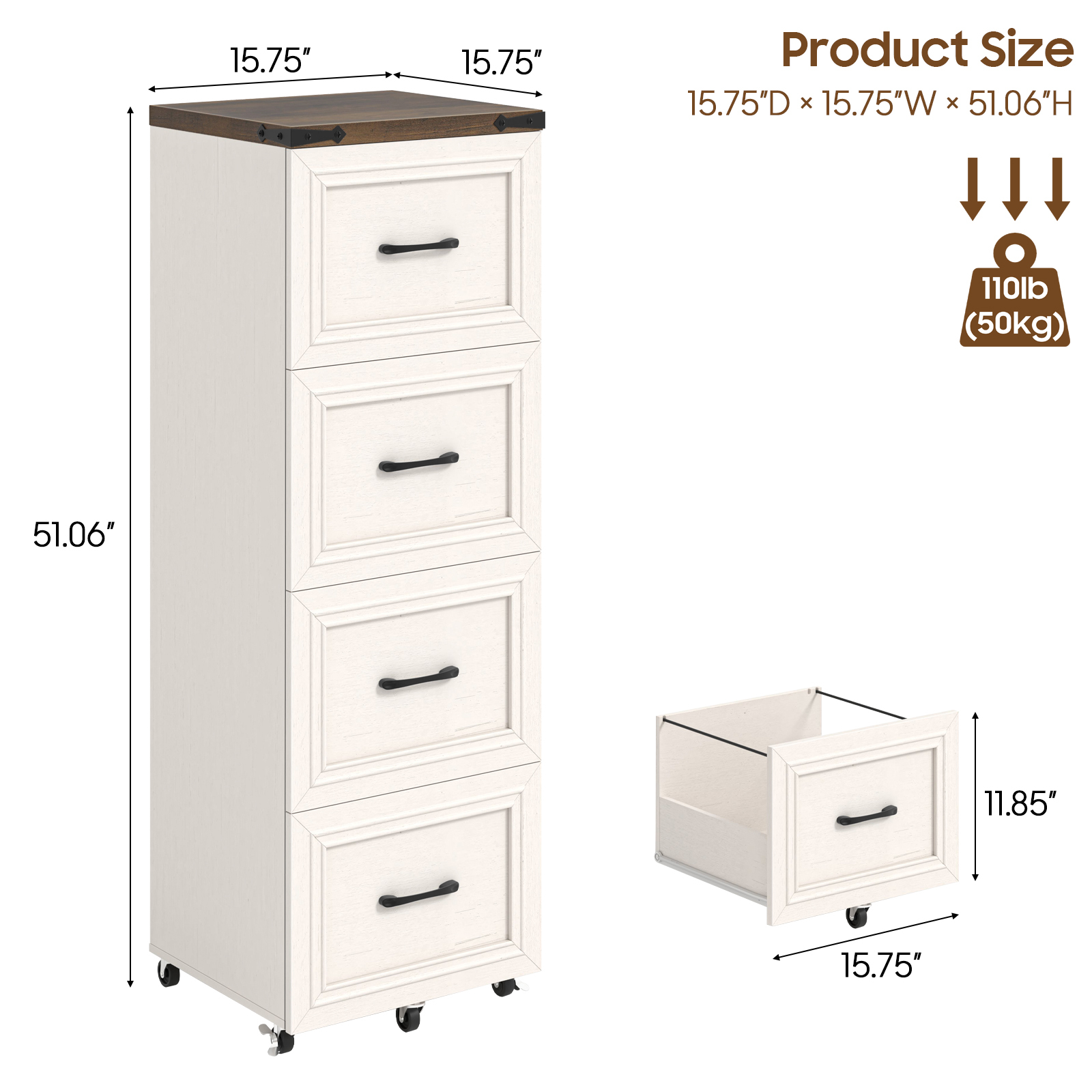 Halitaa 4 Drawers Tall Farmhouse File Cabinet with Wheels, Vertical Filing Cabinet Fits Letter/A4 Size, Rolling File Cabinet Wooden Printer Stand for Home Office, Rustic White 