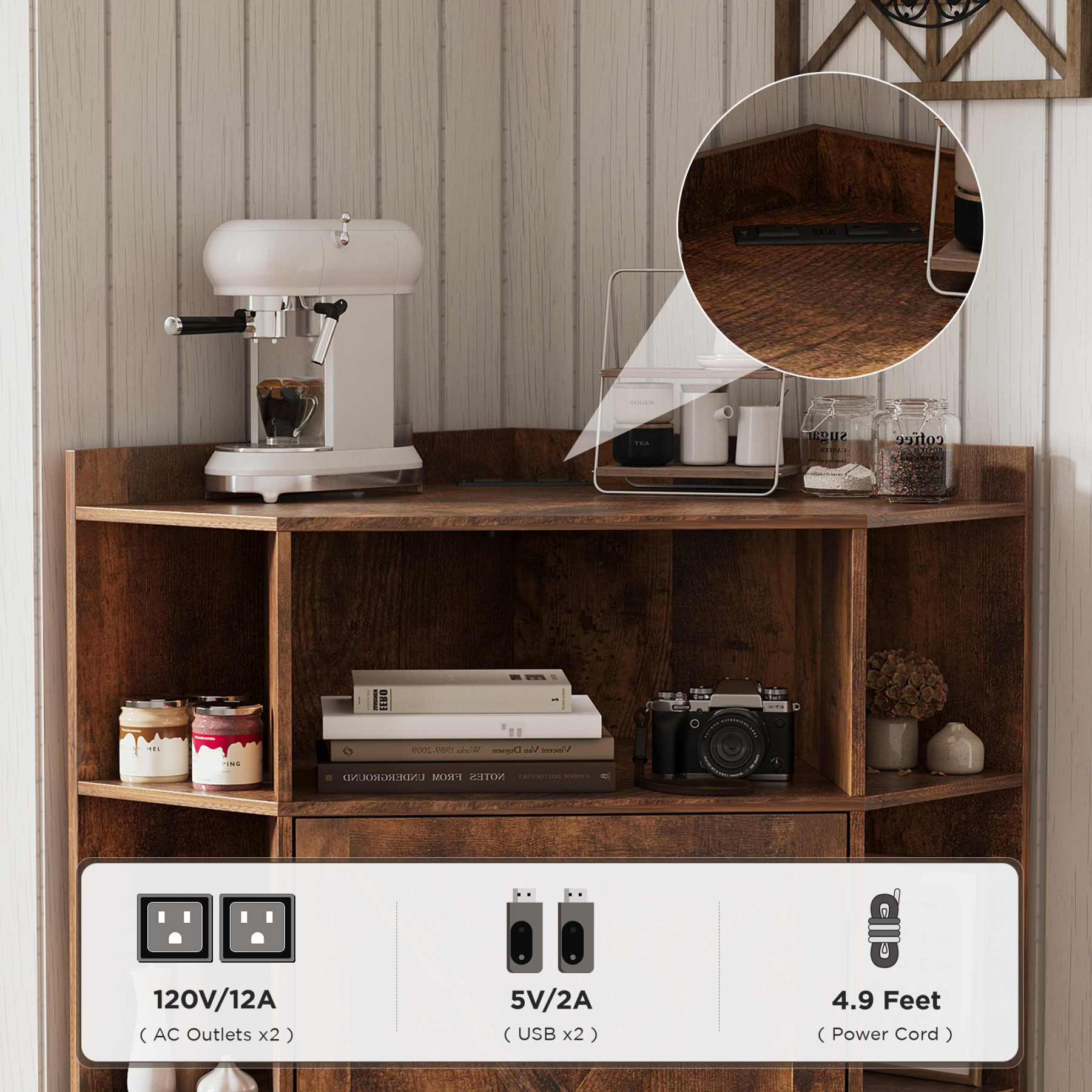 Corner Cabinet, Corner Storage Shelf with USB Ports and Outlets Industrial Organizer for Small Space Wooden 6-Cubby Bookshelf for Study, Playroom, Living Room (Amber Pine)