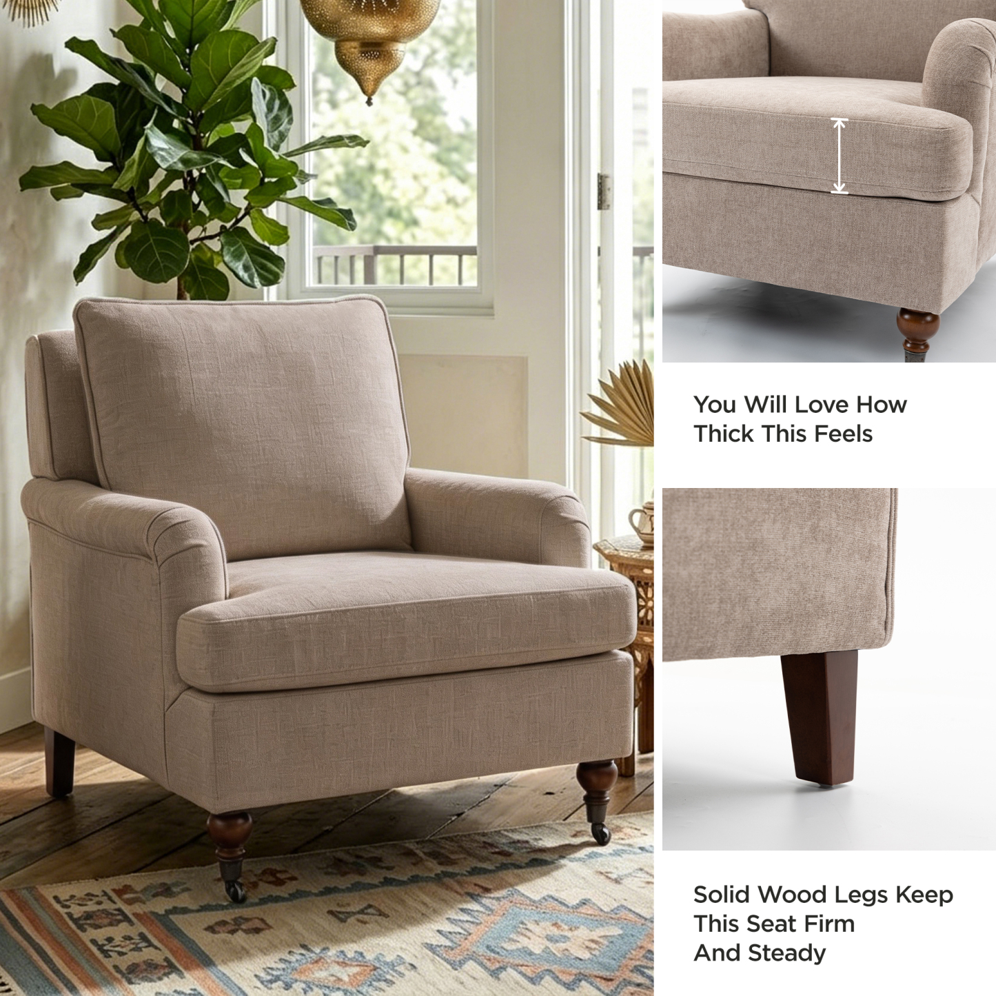 Conate Modern Accent Chair with Cushion, Cozy Chenille Reading Arm Chair with Wood Roller Legs for Living Room, Bedroom, Reading Nook, Beige