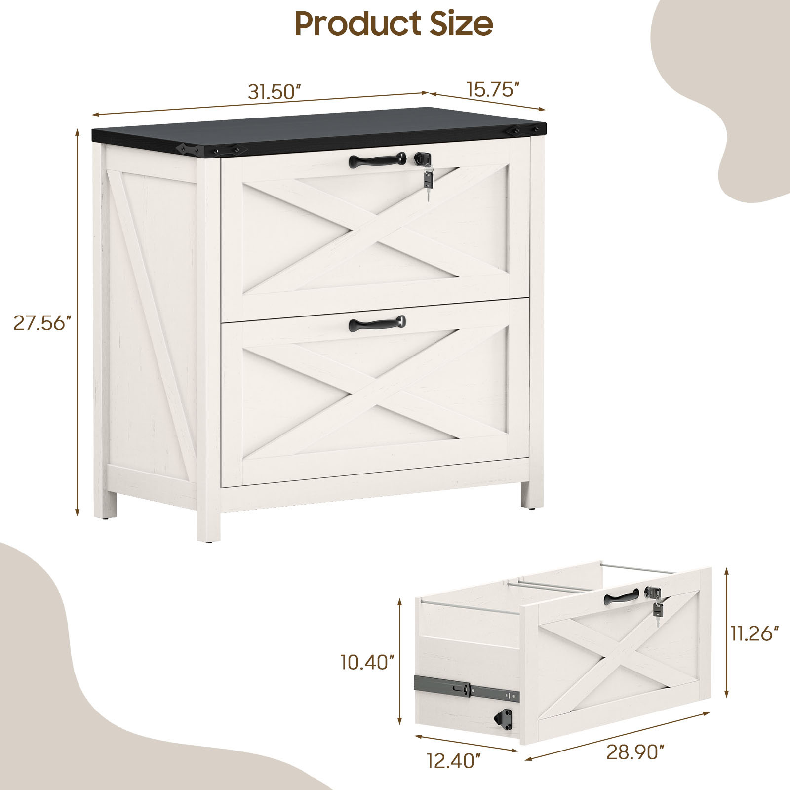 Halitaa Lateral File Cabinet with 2 Large Drawers, Farmhouse File Cabinet with Lock for Letter/Legal/A4 Size Hanging Files, Wood File Storage Cabinets Printer Stand for Home Office Cabinets