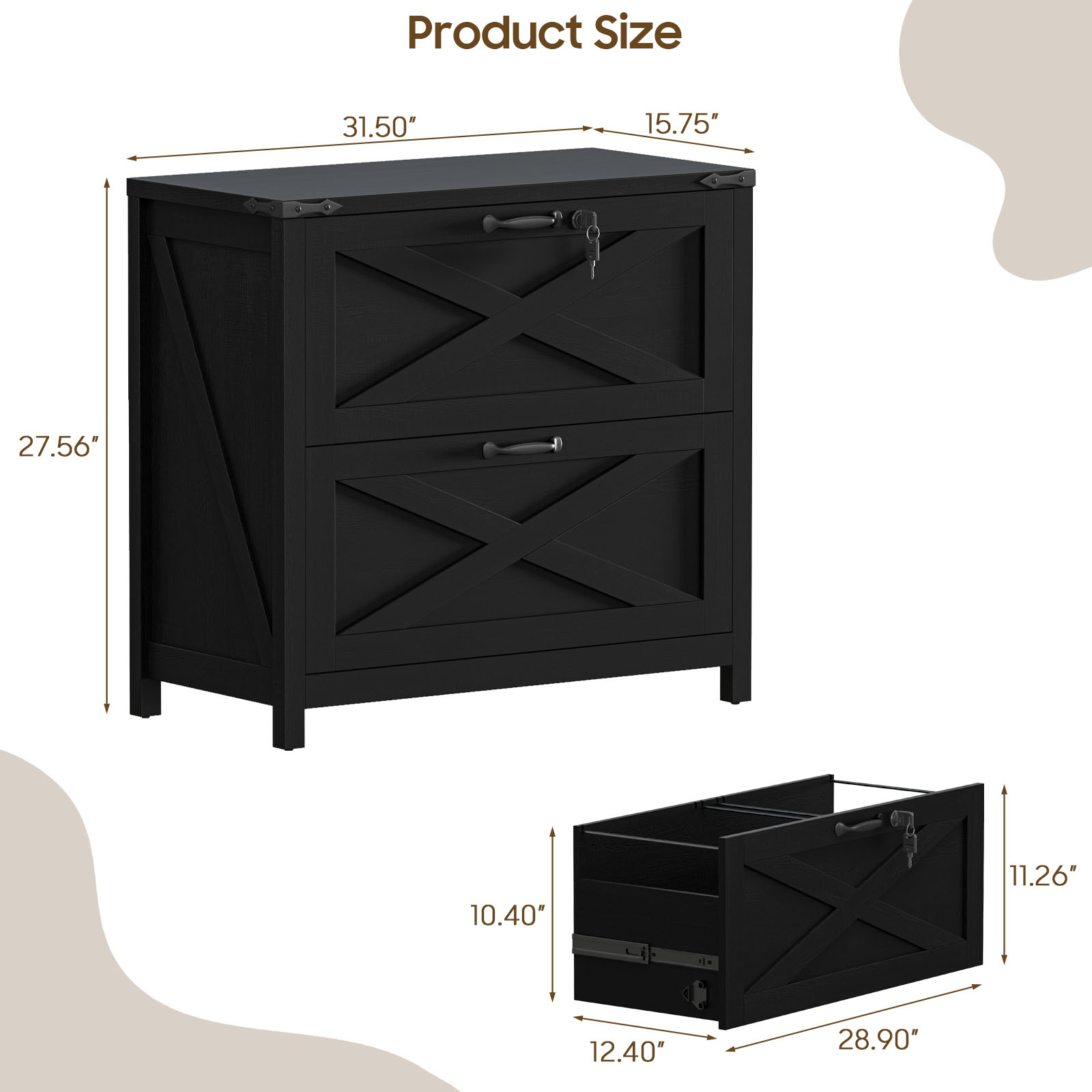 Halitaa Lateral File Cabinet with 2 Large Drawers, Farmhouse File Cabinet with Lock for Letter/Legal/A4 Size Hanging Files, Wood File Storage Cabinets Printer Stand for Home Office Cabinets