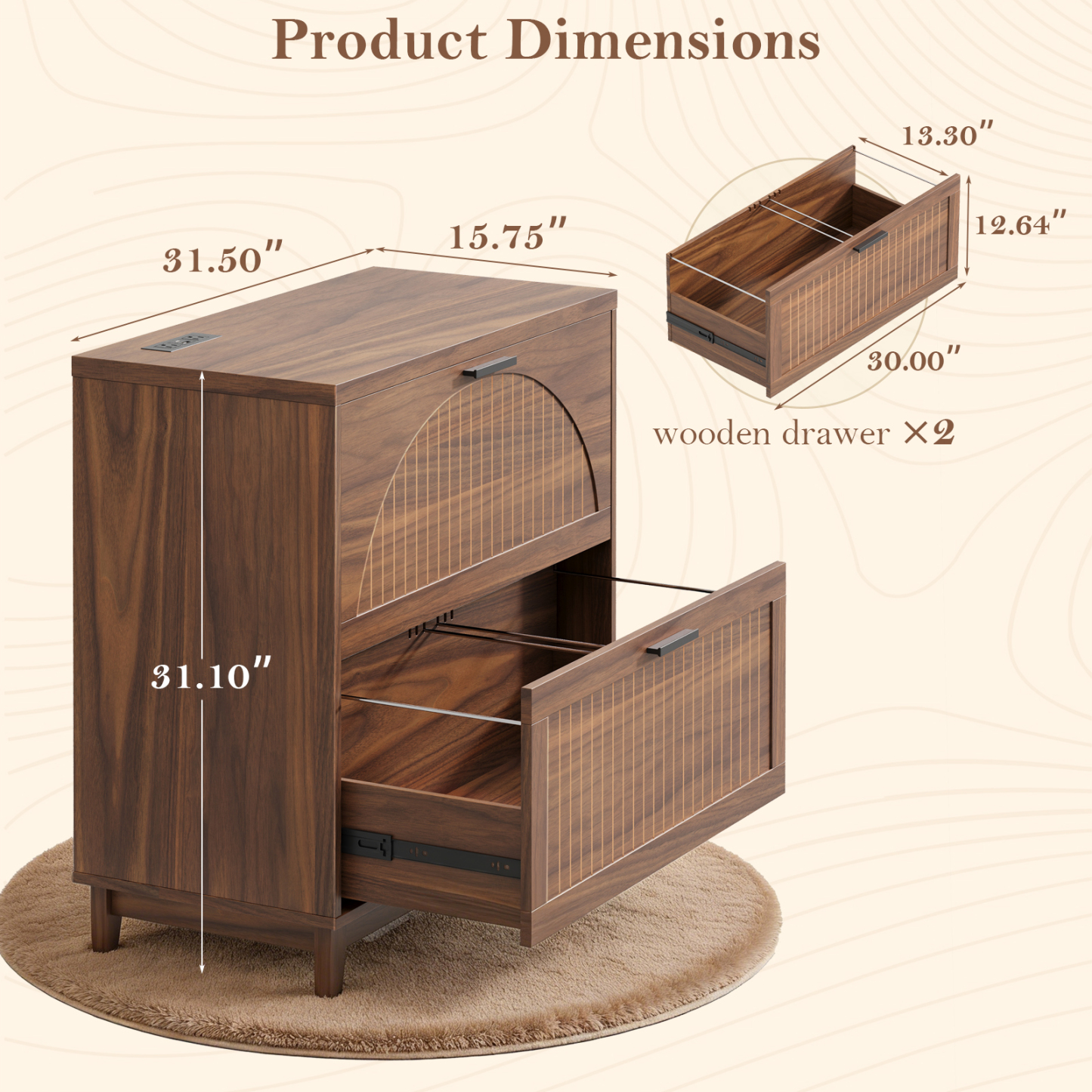 Halitaa Lateral File Cabinet 2 Drawer File Cabinet with Charging Station for Legal/Letter/A4 Size Hanging Files, Large Modern Fluted File Storage Cabinets Printer Stand for Home Office, Walnut