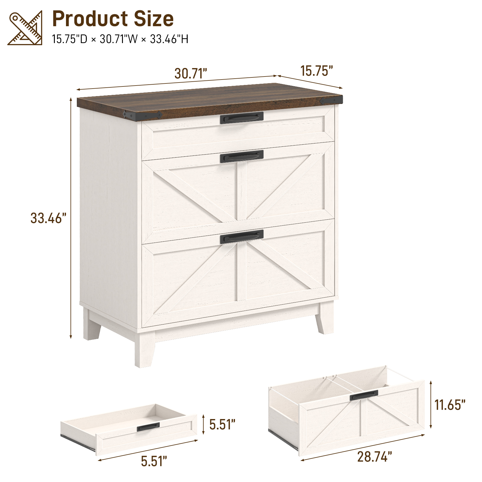 Halitaa Lateral File Cabinet with 3 Drawers, Wood Farmhouse File Cabinet for Home Office, Large Filing Storage Cabinets Printer Stand for Letter/Legal/A4 Size Hanging File, White and Brown