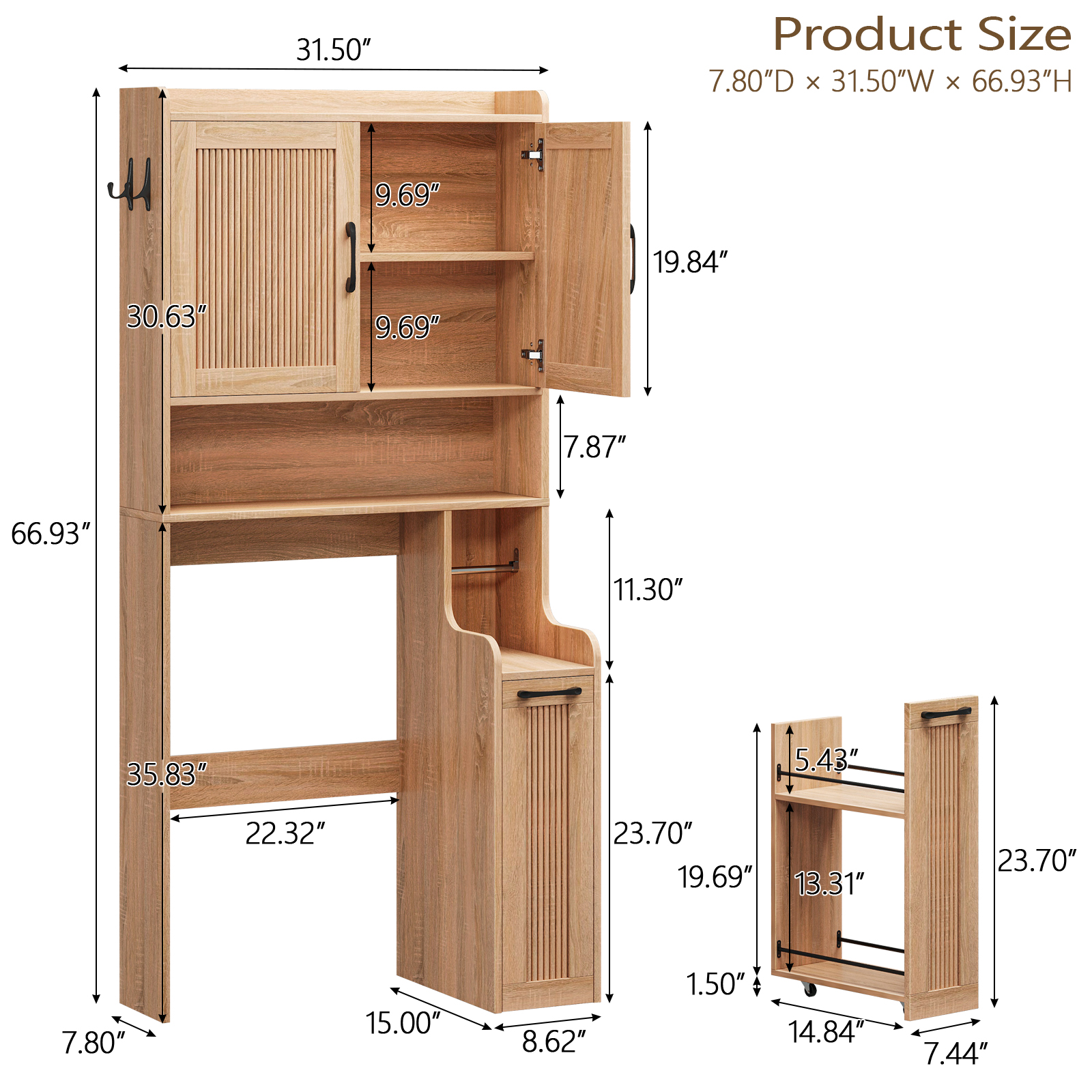 Halitaa Over The Toilet Storage Cabinet with Pulley, Space Saver Fluted Bathroom Organizer with Open Shelves, Anti-Tipping, Toilet Paper Holder Stand Toilet Rack for Bathroom, Laundry（Natural）