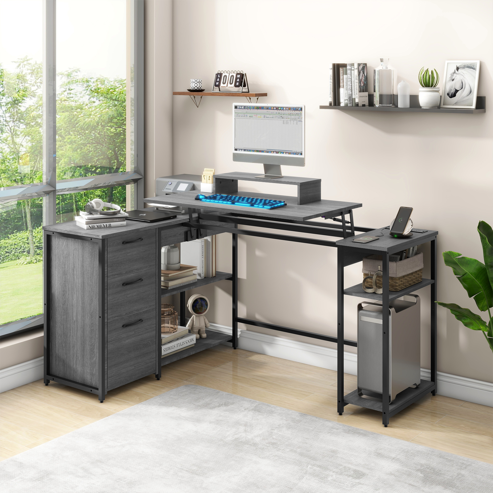 61" L Shaped Computer Desk with LED Lights and Power Outlets, Reversible L Shaped Gaming Desk with 3 Drawers Hutch Monitor Stand, Home Office Desk with USB Port