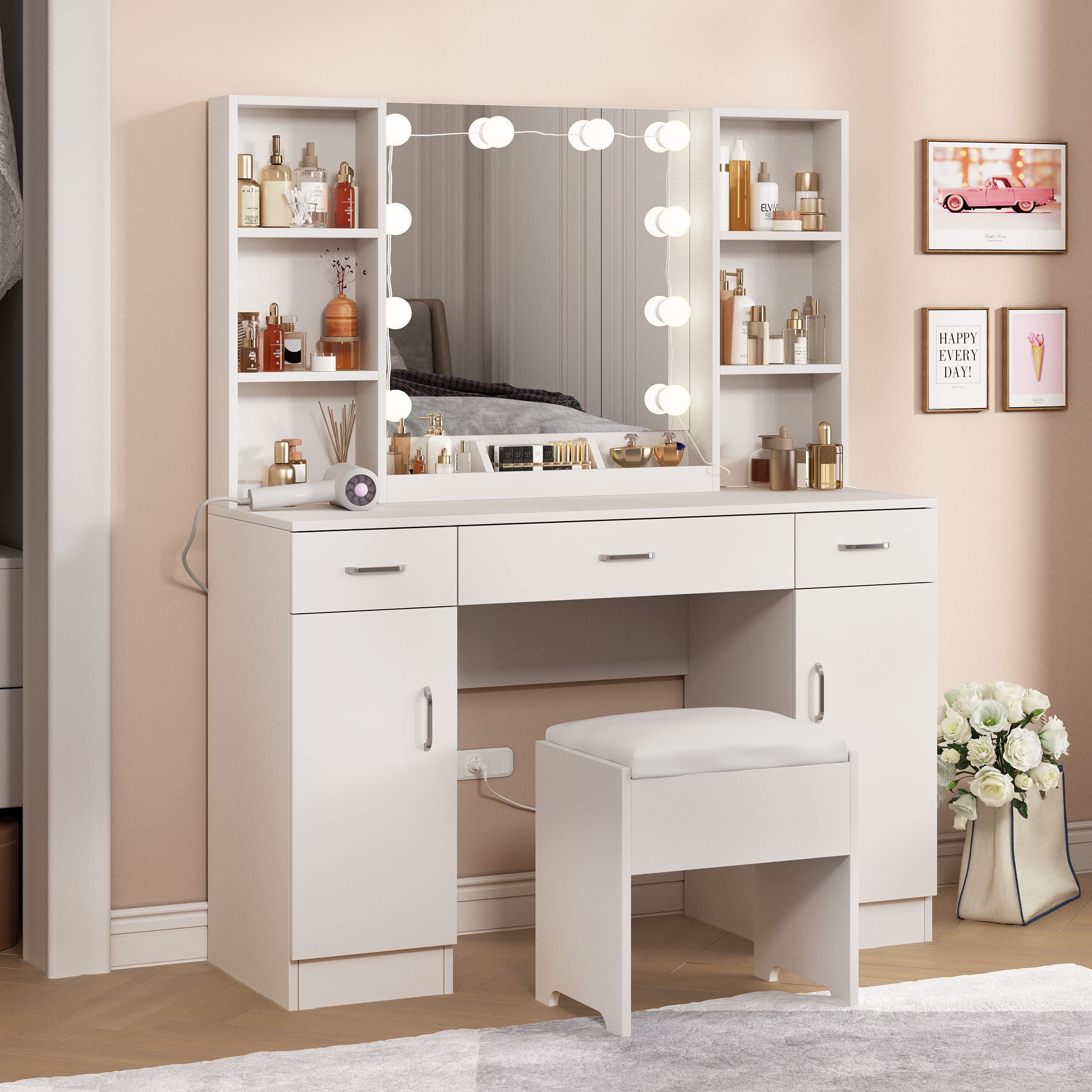 Veanerwood Large Makeup Vanity Set with Lights, White Bedroom Makeup V