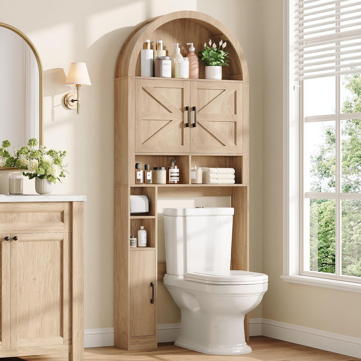 Halitaa Arched Over The Toilet Storage Cabinet with Barn Doors | Wooden Bathroom Cabinet with Adjustable Shelf, Farmhouse Toilet Shelf Home Space Saver with Toilet Paper Holder