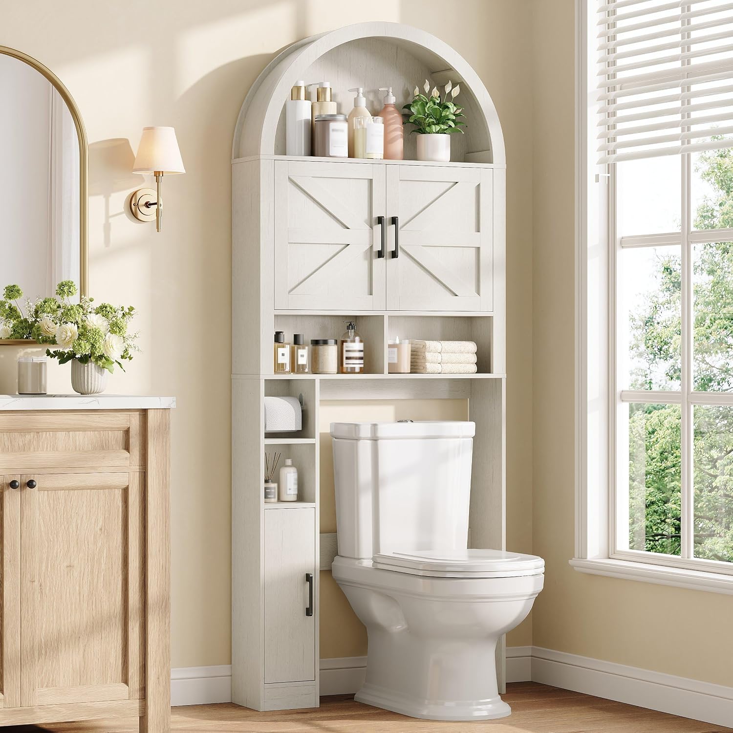 Halitaa Arched Over The Toilet Storage Cabinet with Barn Doors | Wooden Bathroom Cabinet with Adjustable Shelf, Farmhouse Toilet Shelf Home Space Saver with Toilet Paper Holder