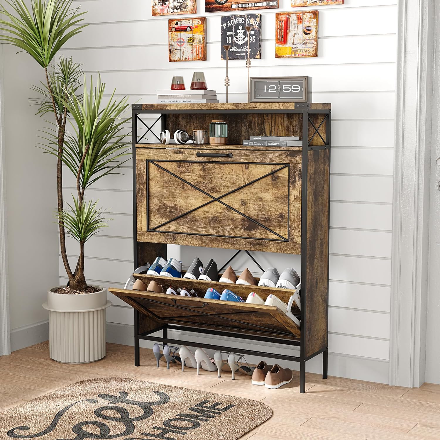 Vabches Shoe Storage Cabinet with 2 Flip Drawers & Metal Legs, Farmhouse Hidden Shoe Cabinet with Adjustable Shelves for Entryway