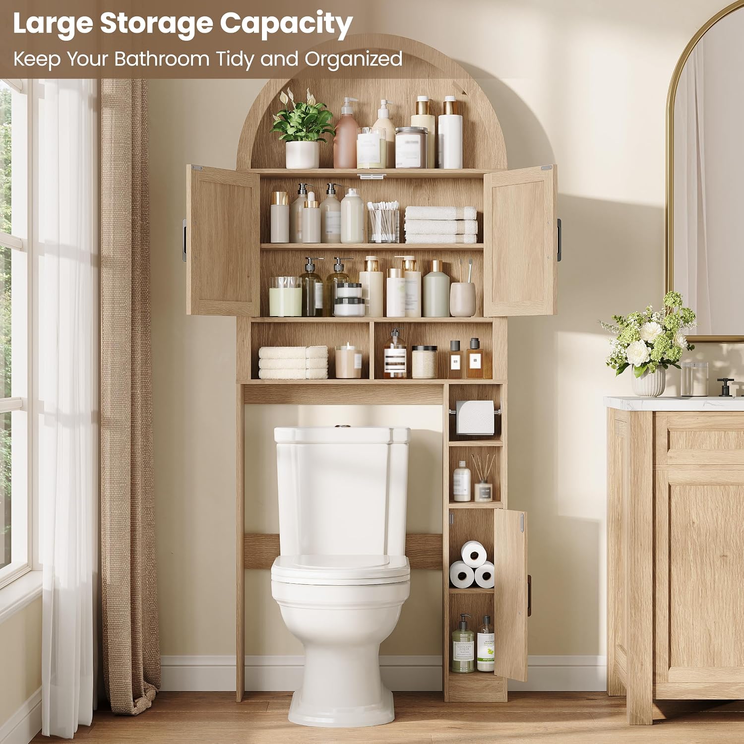 Halitaa Arched Over The Toilet Storage Cabinet with Barn Doors | Wooden Bathroom Cabinet with Adjustable Shelf, Farmhouse Toilet Shelf Home Space Saver with Toilet Paper Holder