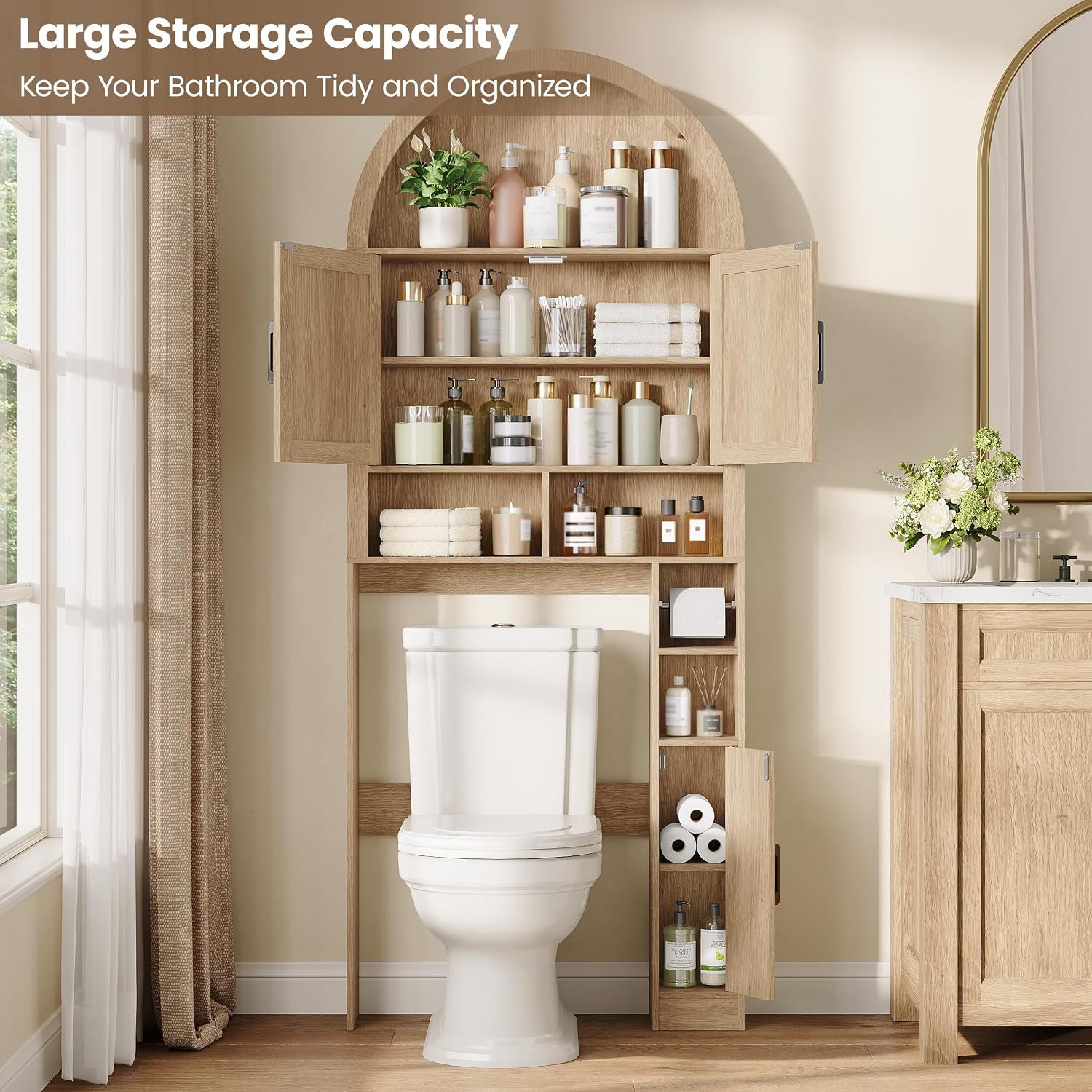 Halitaa Arched Over The Toilet Storage Cabinet with Barn Doors | Wooden Bathroom Cabinet with Adjustable Shelf, Farmhouse Toilet Shelf Home Space Saver with Toilet Paper Holder