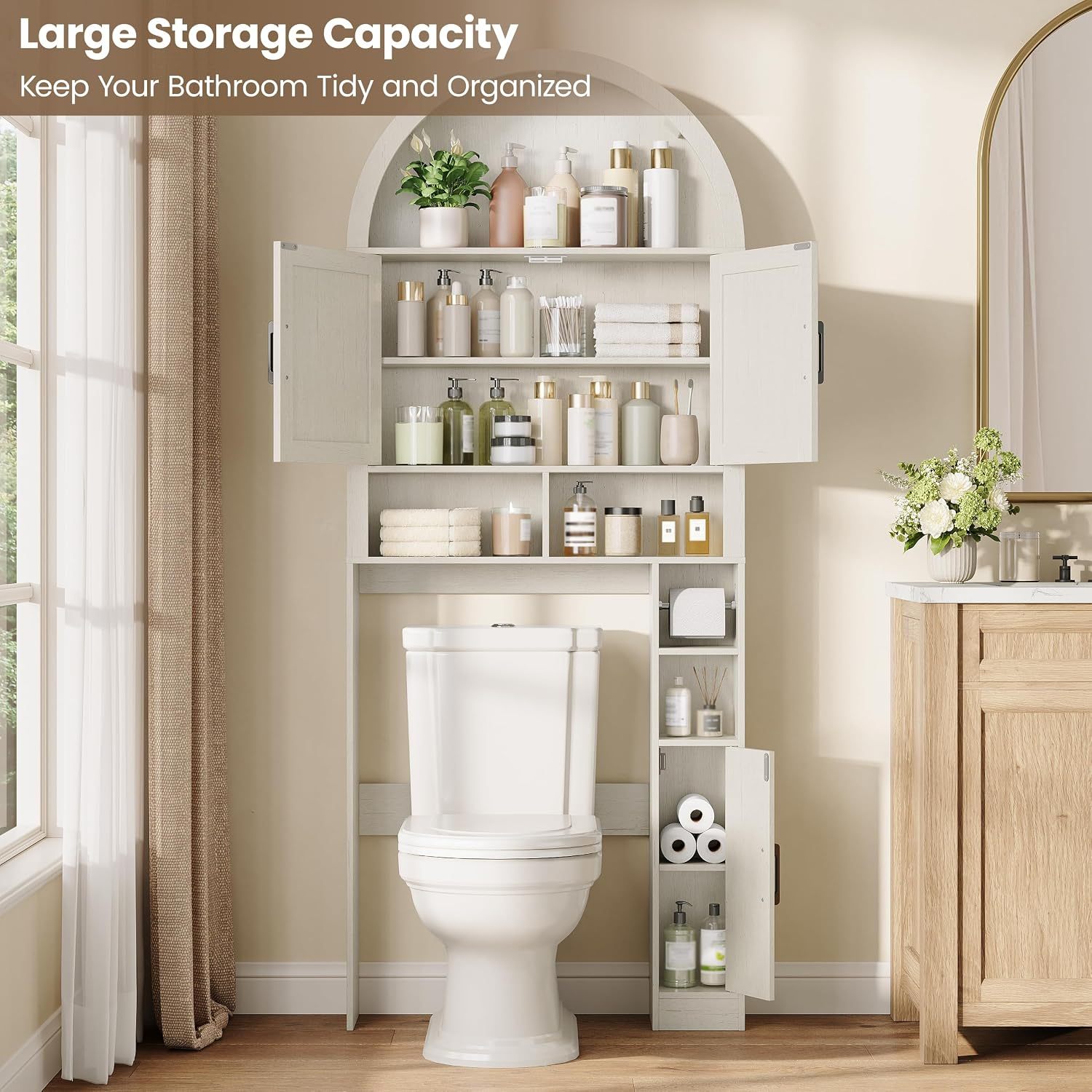 Halitaa Arched Over The Toilet Storage Cabinet with Barn Doors | Wooden Bathroom Cabinet with Adjustable Shelf, Farmhouse Toilet Shelf Home Space Saver with Toilet Paper Holder