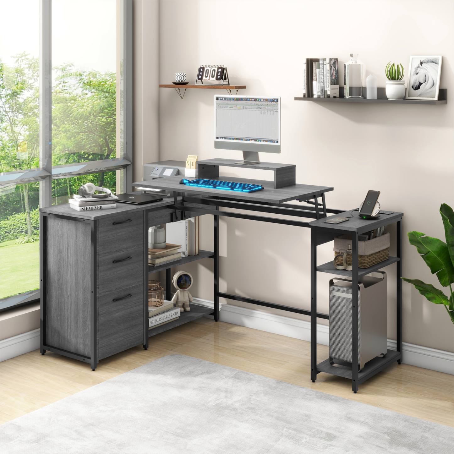 61" L Shaped Computer Desk with LED Lights and Power Outlets, Reversible L Shaped Gaming Desk with 3 Drawers Hutch Monitor Stand, Home Office Desk with USB Port