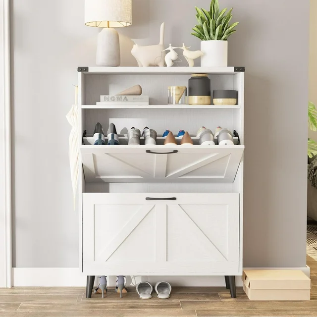 VEANERWOOD Shoe Cabinet with 2 Flip Drawers, Shoe Storage Cabinet for Entryway, Freestanding Shoe Cabinet Organizer with Open Storage, Narrow Farmhouse Shoe Rack with Legs, Brown