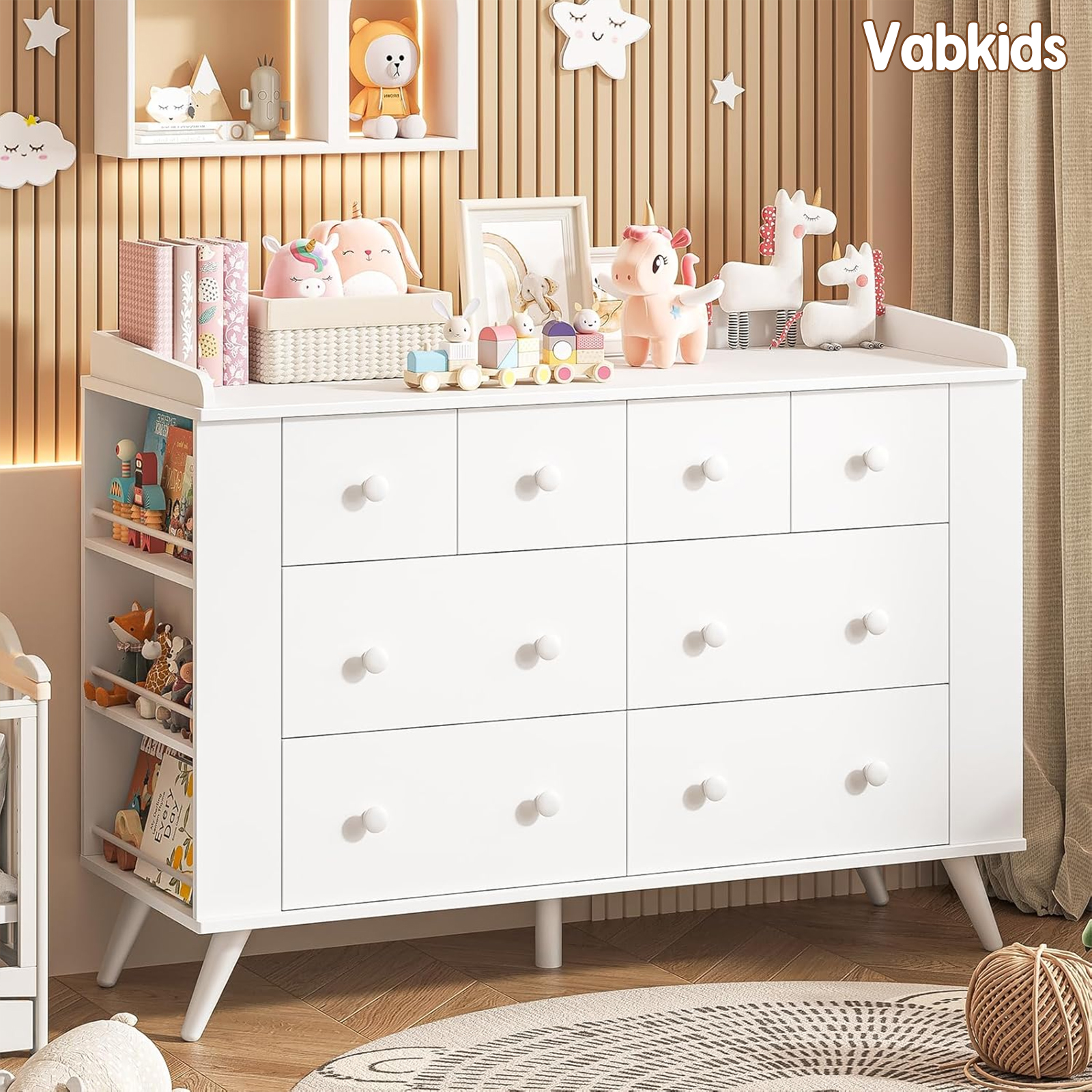 Vabkids Kids Dresser Cabinet with 8 Drawers, Changing Table for Nursery, White Chest of Drawers with Open Shelving, Baby Dresser, Kids Bedroom Furniture, Nightstand for Child' s Room, White