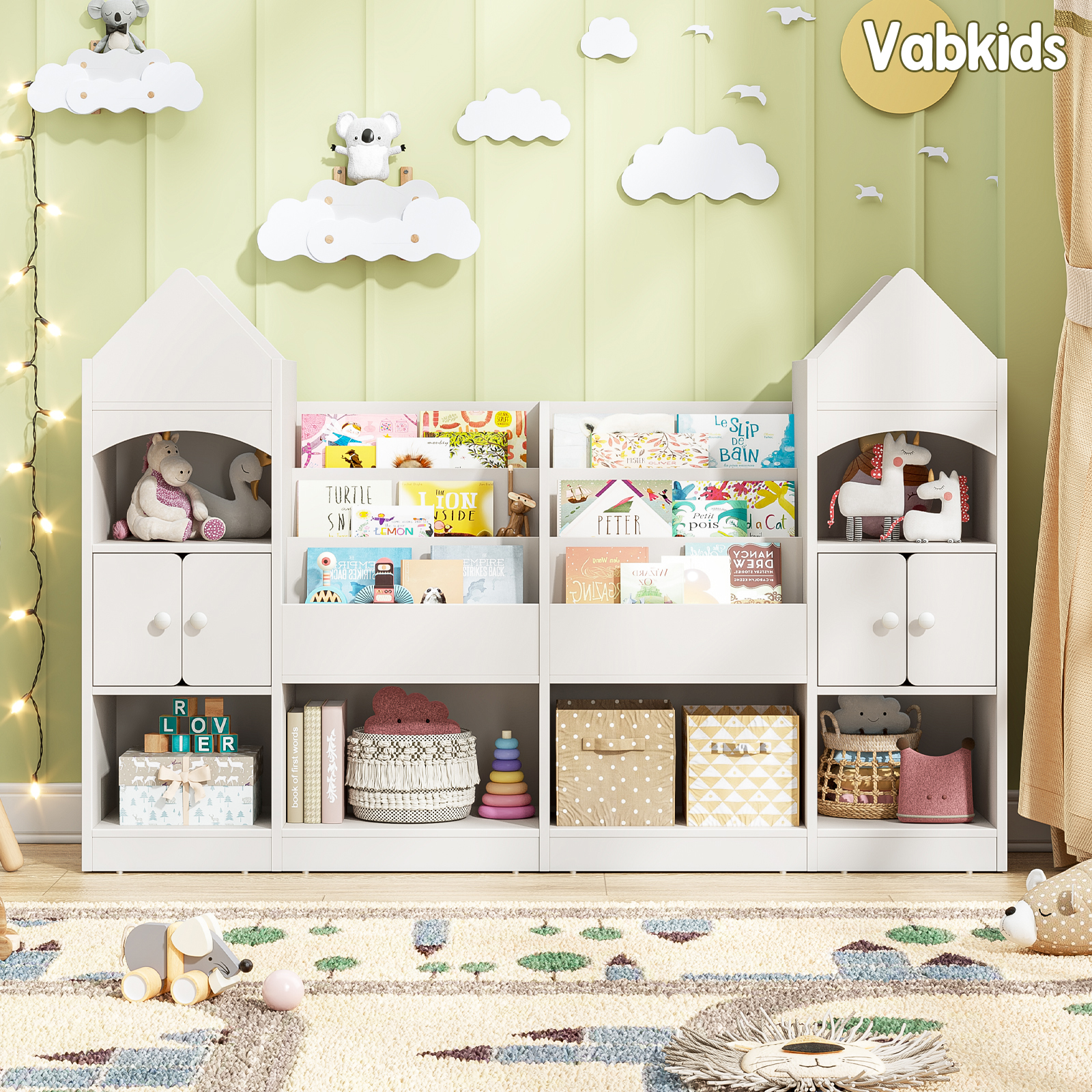 Vabkids Castle Shape Children's Bookshelf, Kids Bookcase Display Case Kids Toy Storage Organizer Multifunctional Storage Cabinet Bookshelf Suitable for Playroom, Children's Room, Living Room, White