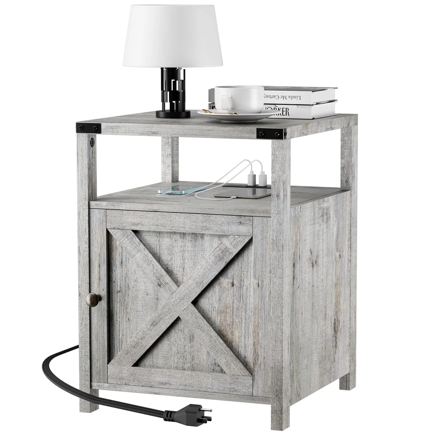 Farmhouse Nightstand with Charging Station, Rustic End Table Bedroom with Storage Living Room Side Table with USB Ports and Outlets, 18in, Gray Finish