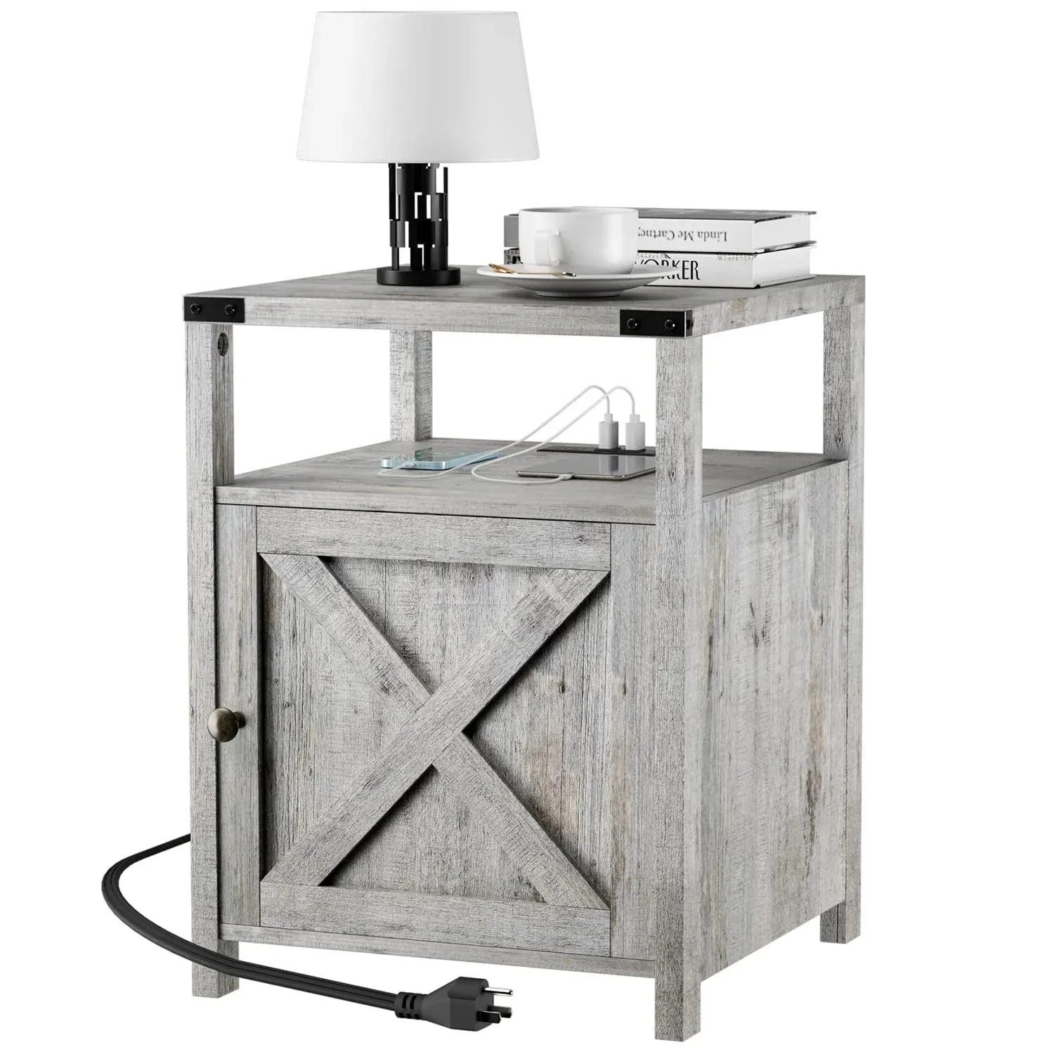 Farmhouse Nightstand with Charging Station, Rustic End Table Bedroom with Storage Living Room Side Table with USB Ports and Outlets, 18in, Gray Finish