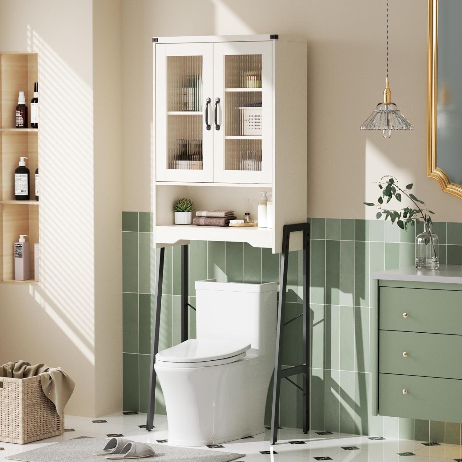 VEANERWOOD Rattan Toilet Storage Cabinet, Over The Rack Wood Cabinet w