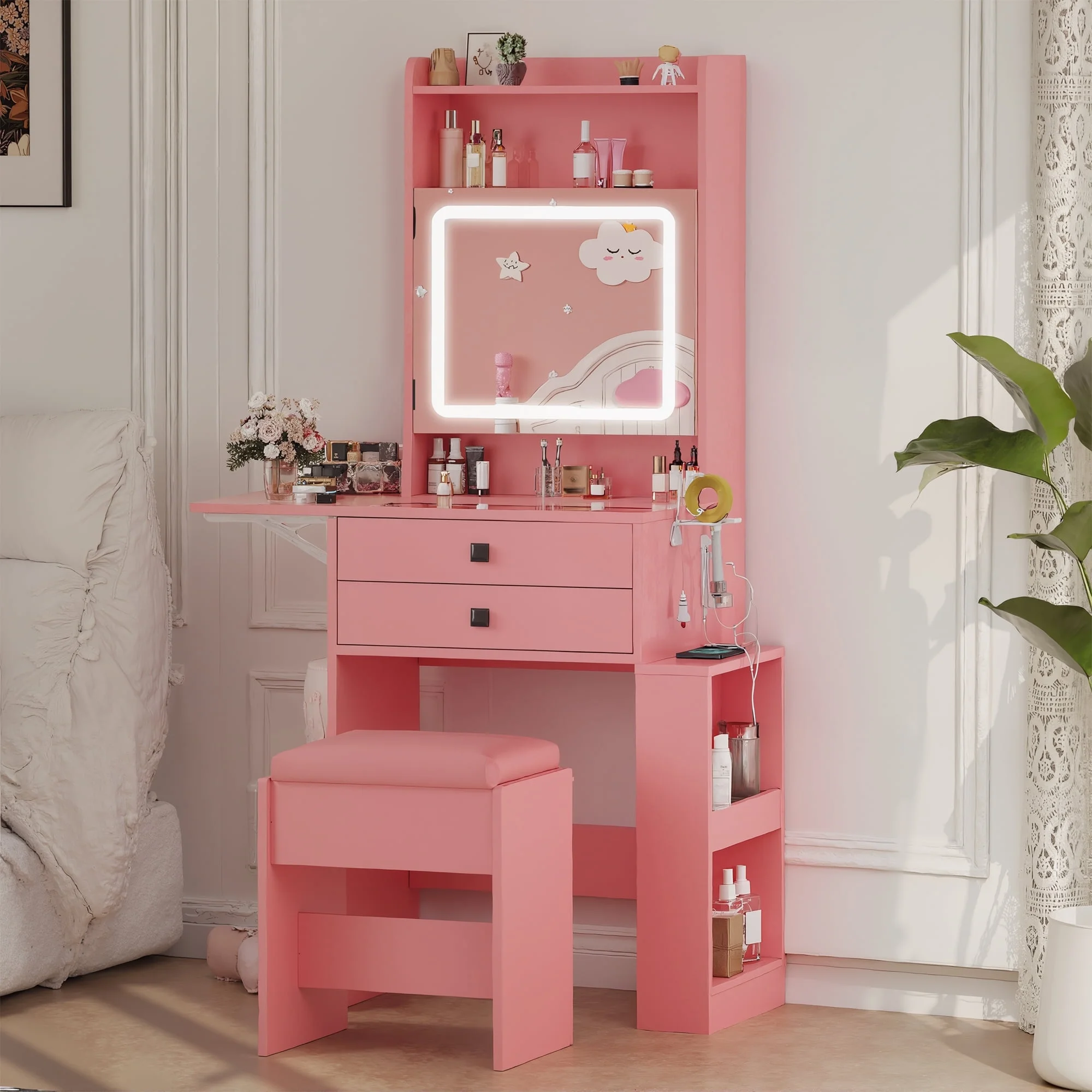 VEANERWOOD 21.4" White Vanity Desk with LED Light Mirror & Power Outle