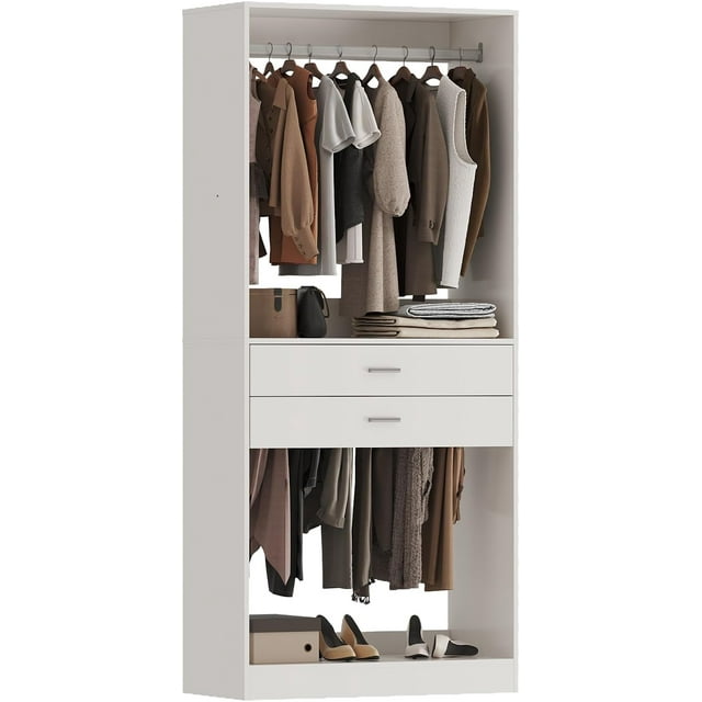 VEANERWOOD 33.5'' Closet System with 2 Wood Drawers, Freestanding Closet Organizer Wardrobe with Hanging Rods, Walk in Closet Tower for Home Storage, Bedroom, Laundry, Entryway
